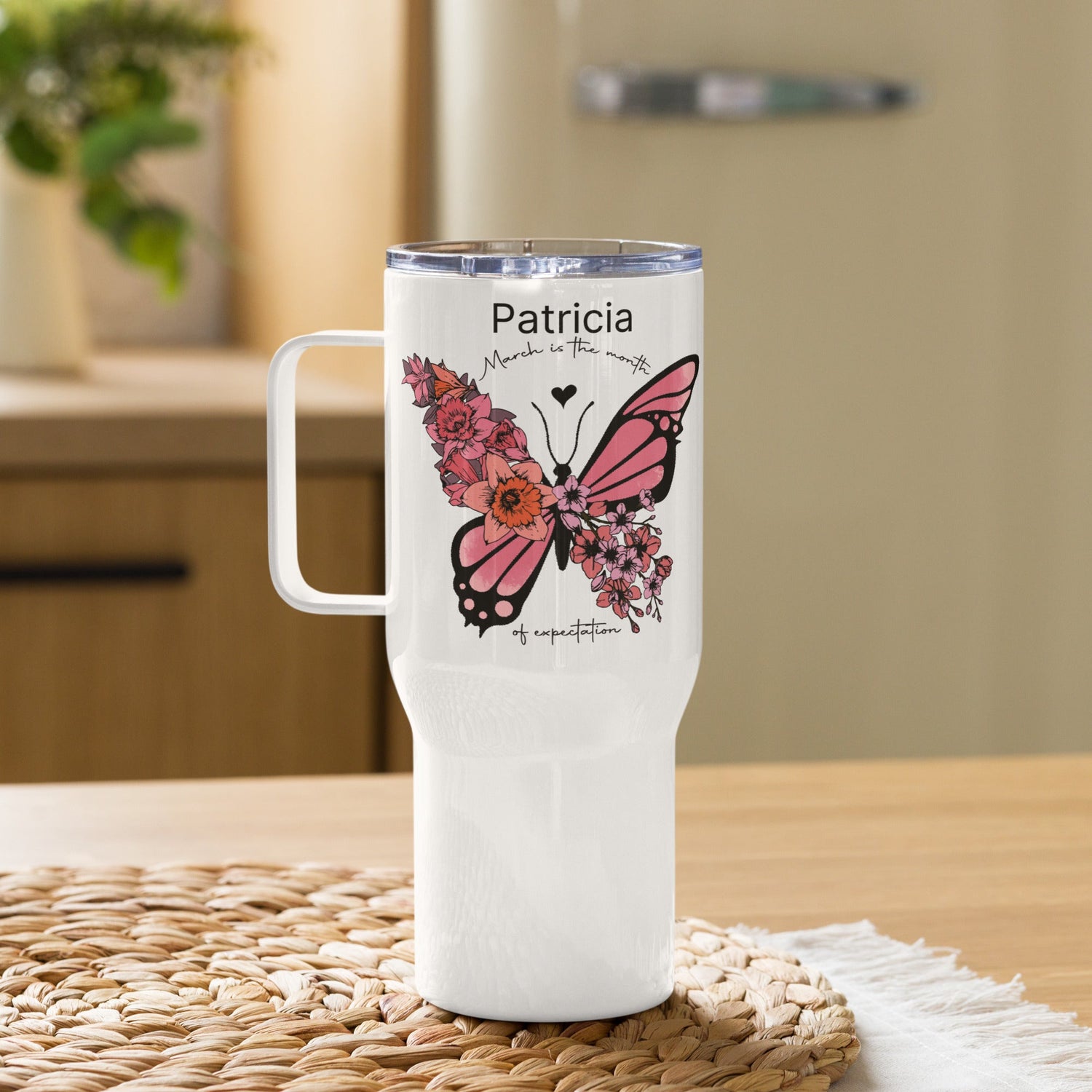 Personalized name and birth month flower travel mug with handle