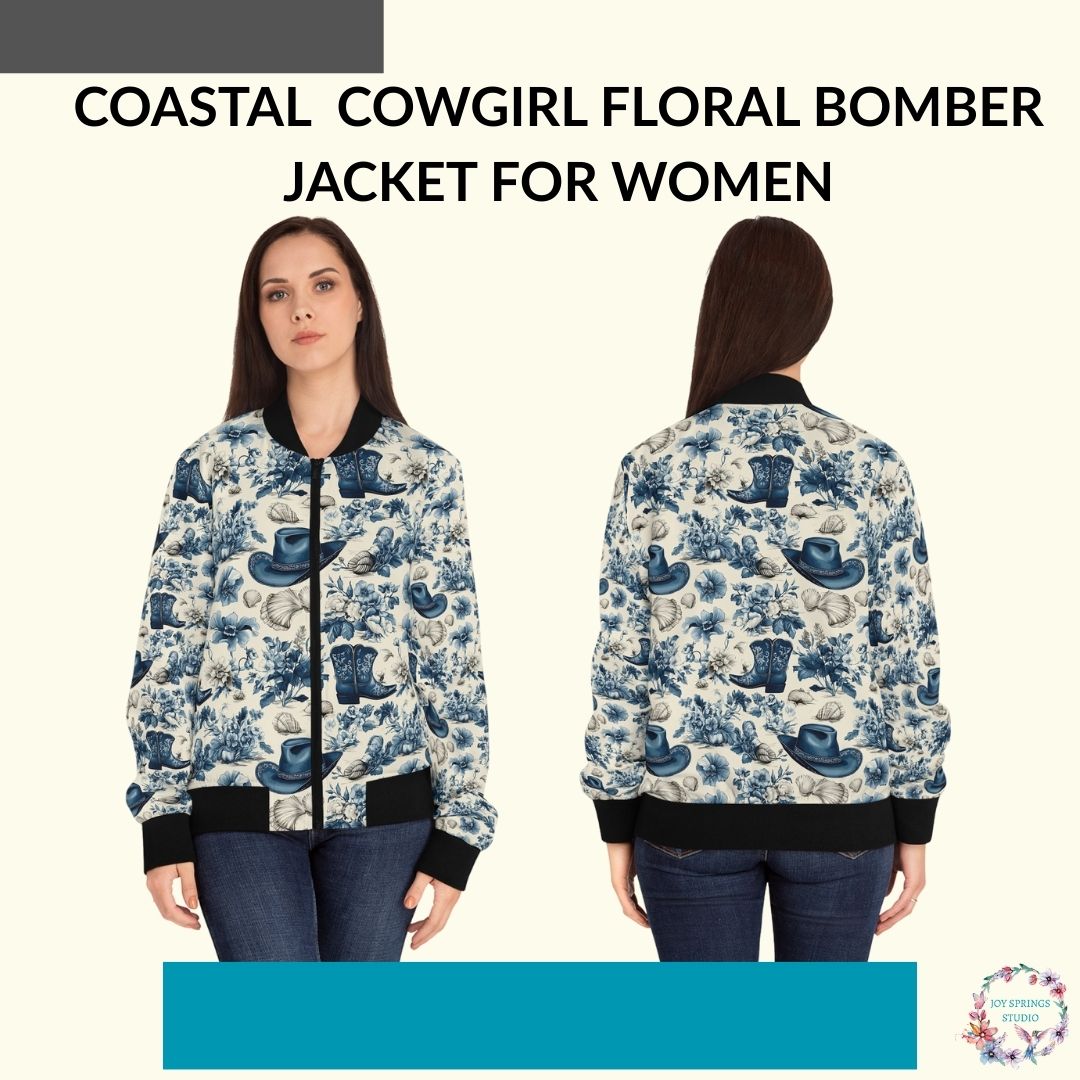 Blue Coastal Cowgirl Floral Print Fashionable Bomber Jacket For Women - Stylish And Chic Outwear For All Seasons