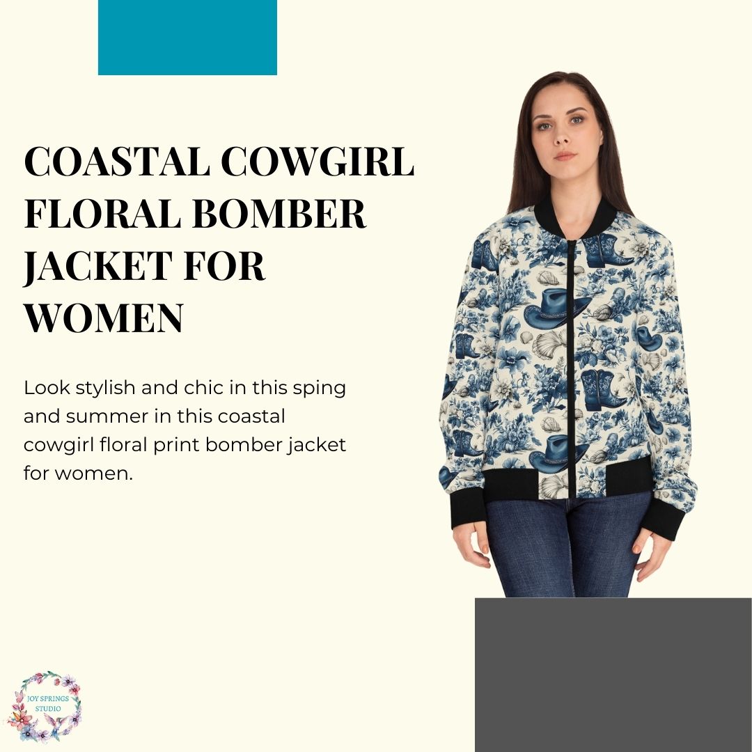 Blue Coastal Cowgirl Floral Print Fashionable Bomber Jacket For Women - Stylish And Chic Outwear For All Seasons