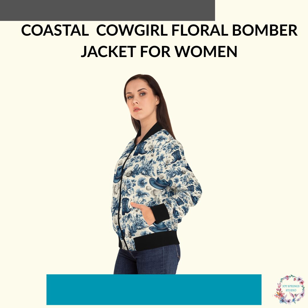 Blue Coastal Cowgirl Floral Print Fashionable Bomber Jacket For Women - Stylish And Chic Outwear For All Seasons