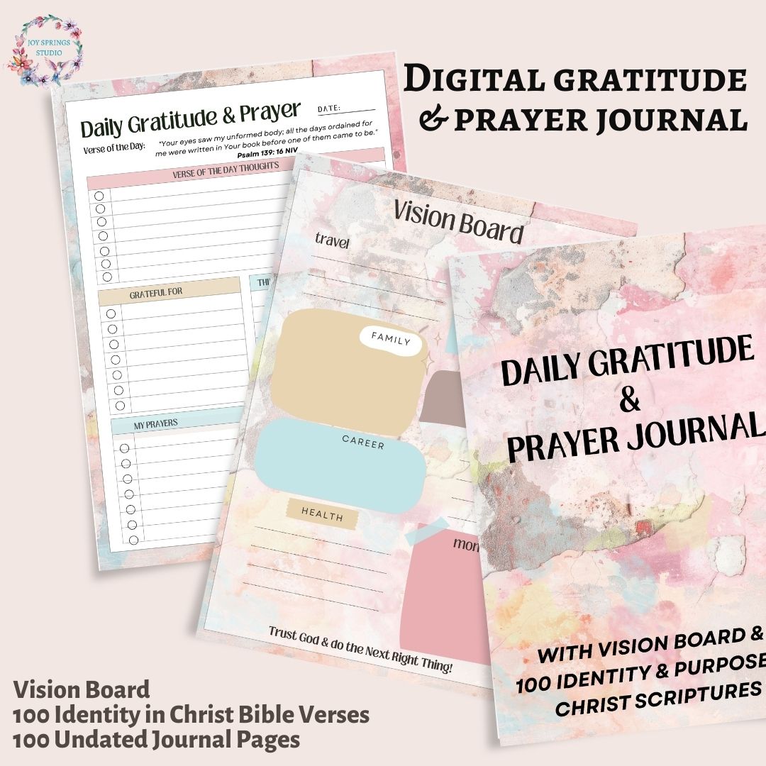 Daily Gratitude and Prayer Journal With Christian Vision Board and Identity in Christ Scriptures Digital Download