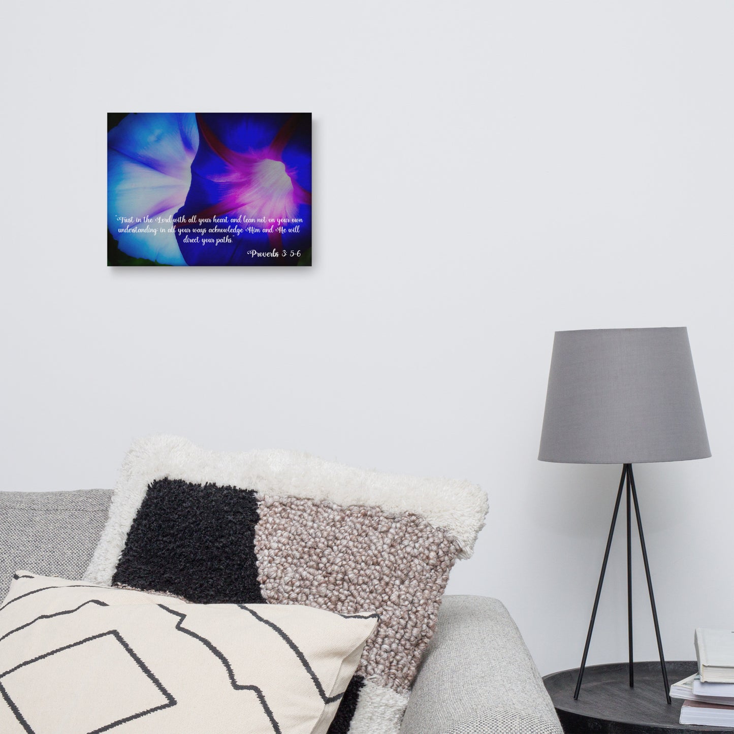 Morning Glory Blue Floral Canvas Wall Art With Proverbs 3: 5-6 Trust God