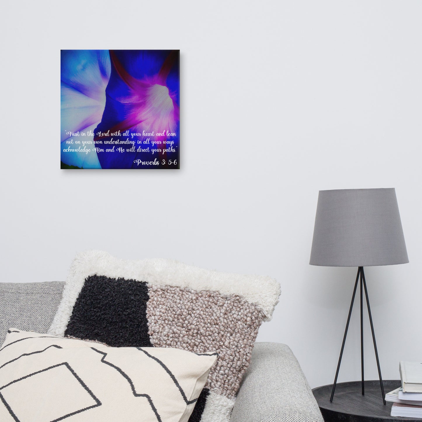 Morning Glory Blue Floral Canvas Wall Art With Proverbs 3: 5-6 Trust God