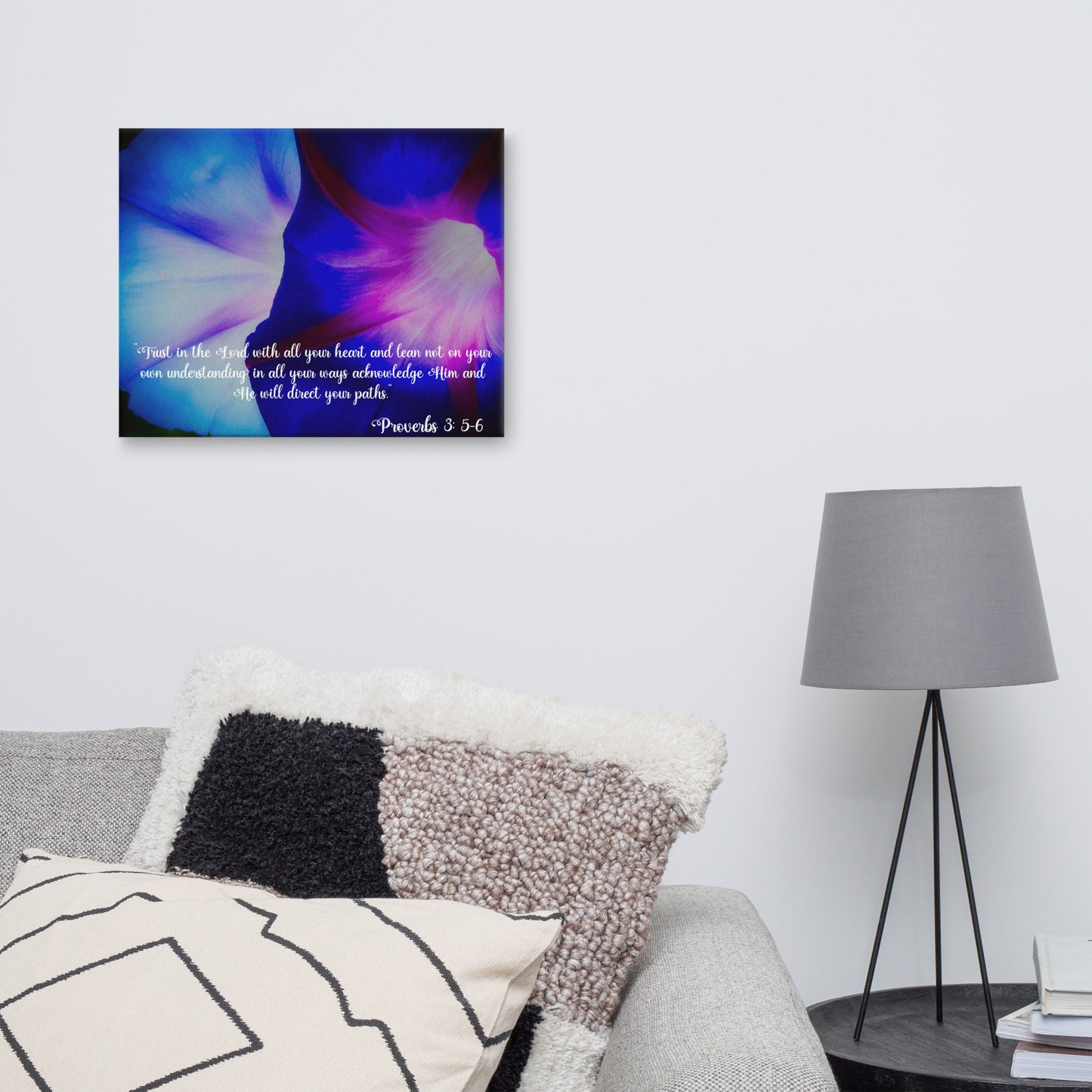 Morning Glory Blue Floral Canvas Wall Art With Proverbs 3: 5-6 Trust God