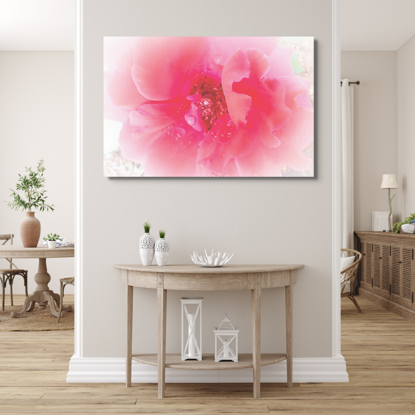 Raindrops on Coral Pink Roses Floral Digital Print