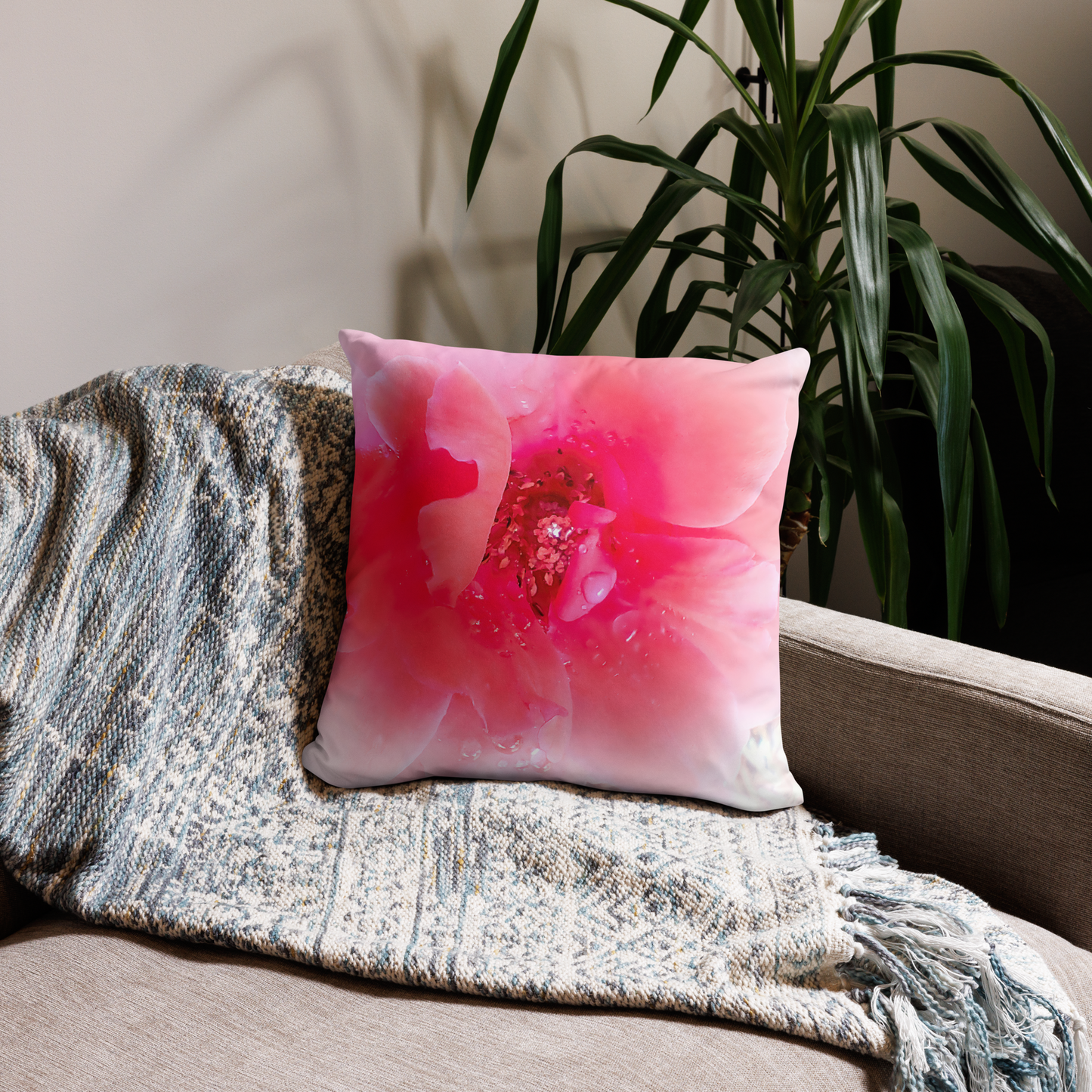 Raindrops on Coral Pink Roses Floral Throw Pillow