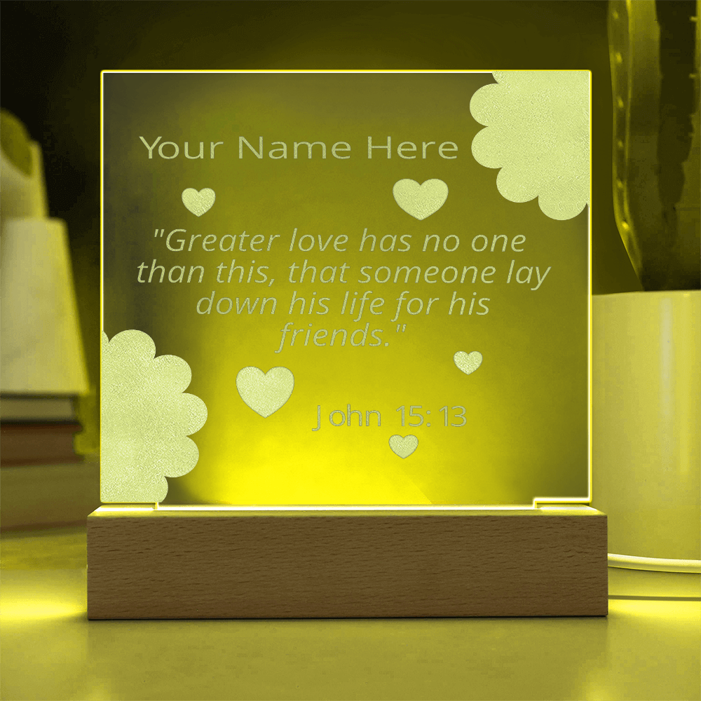 John 15: 13 Gift Greater Love Has No One Than This Personalized Custom Name Colorful Acrylic Transparent Photo Frame with LED Light