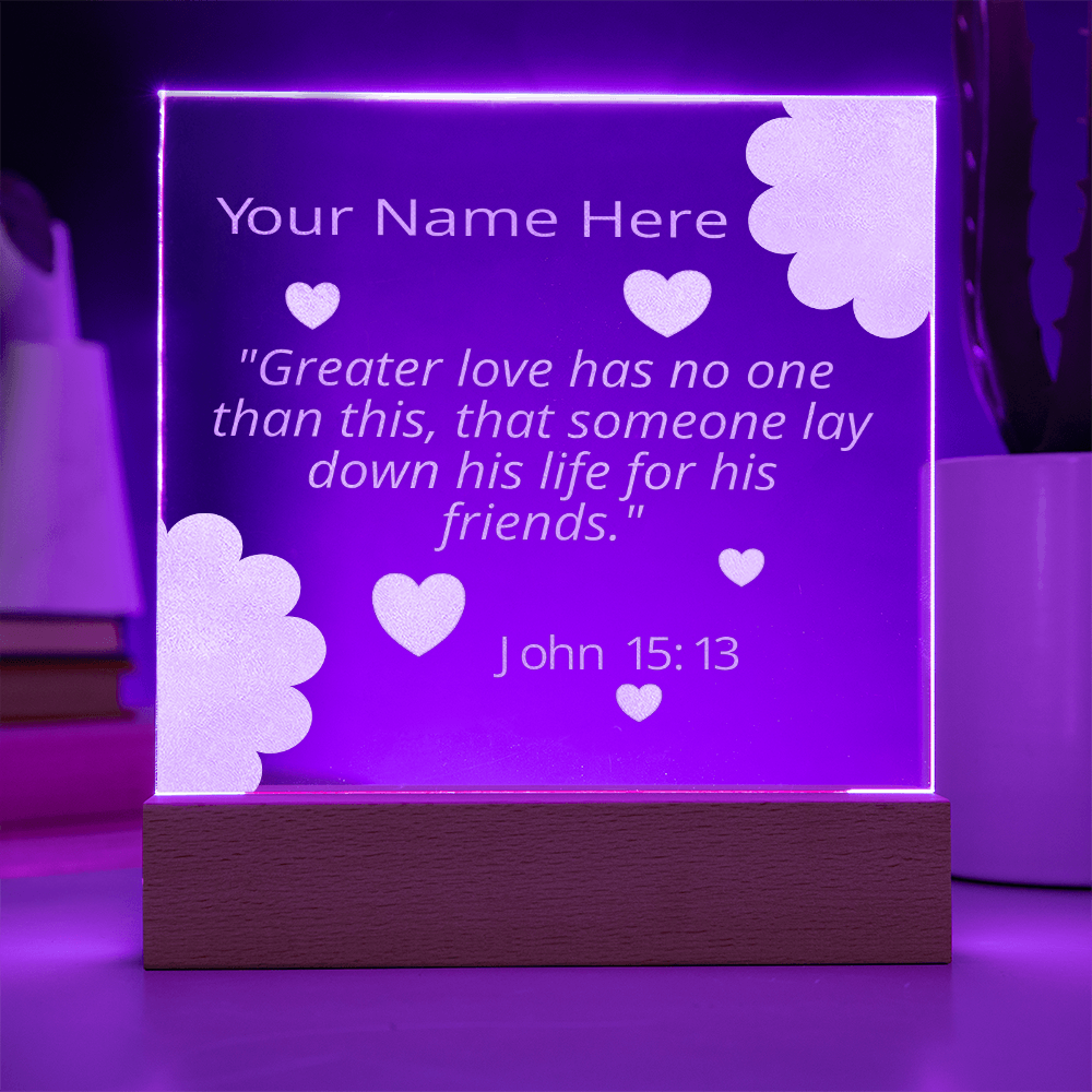 John 15: 13 Gift Greater Love Has No One Than This Personalized Custom Name Colorful Acrylic Transparent Photo Frame with LED Light