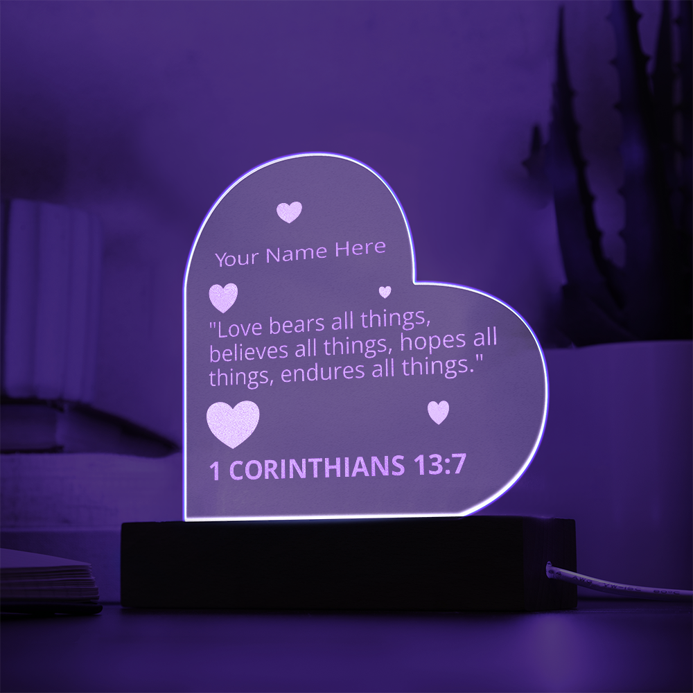 1 Corinthians 13-7 Love Bears All Things Personalized Valentines Day Bible Verse Engraved LED Acrylic Photo Frame