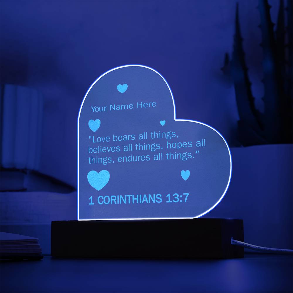 1 Corinthians 13-7 Love Bears All Things Personalized Valentines Day Bible Verse Engraved LED Acrylic Photo Frame