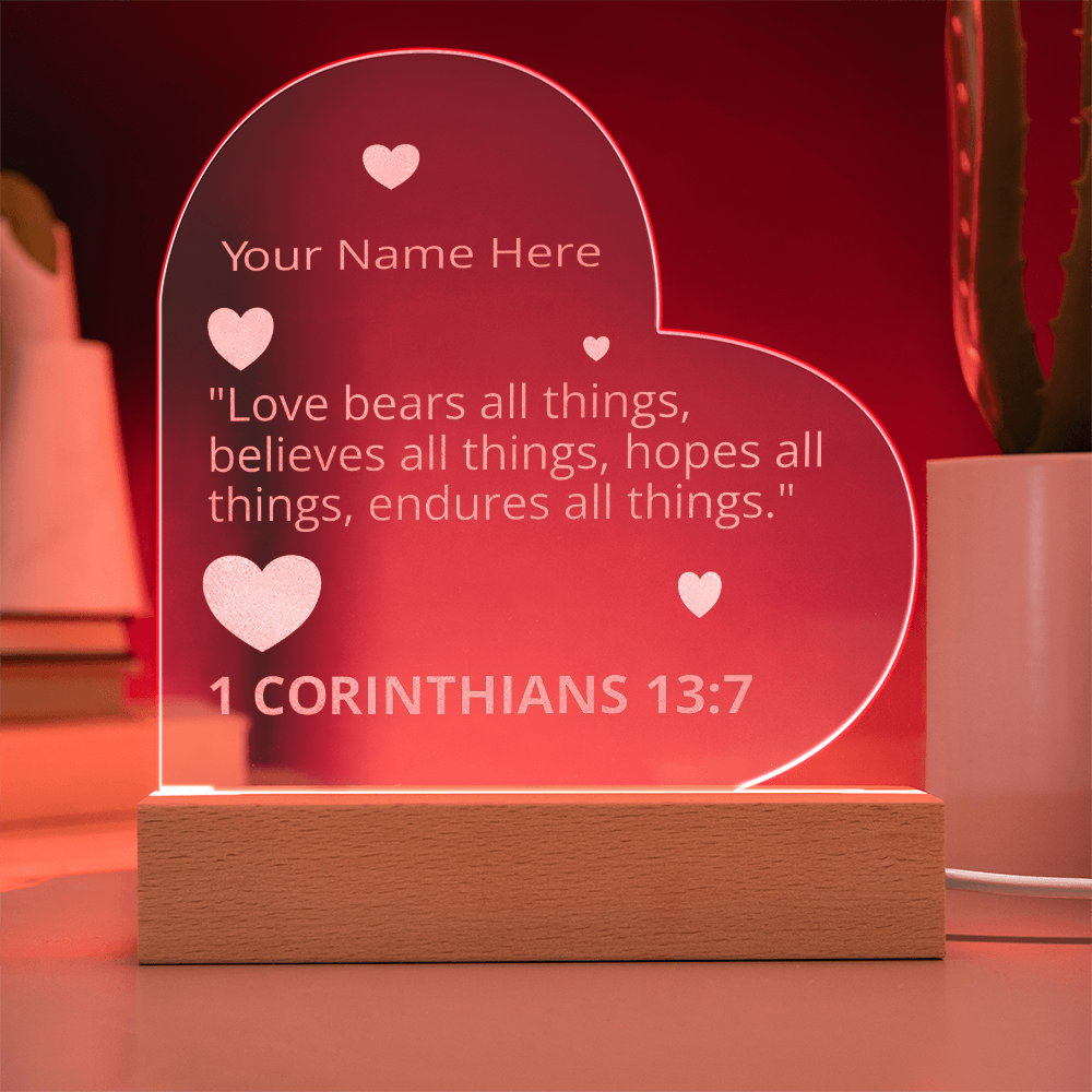 1 Corinthians 13-7 Love Bears All Things Personalized Valentines Day Bible Verse Engraved LED Acrylic Photo Frame
