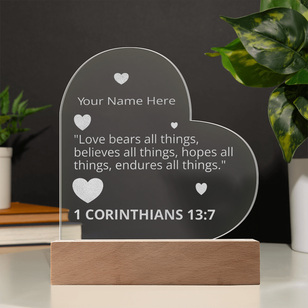 1 Corinthians 13-7 Love Bears All Things Personalized Valentines Day Bible Verse Engraved LED Acrylic Photo Frame