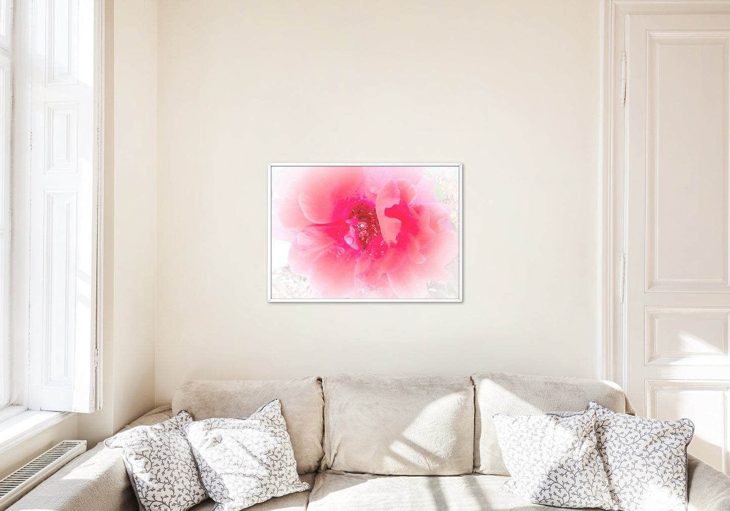 Raindrops on Coral Pink Roses Floral Digital Print