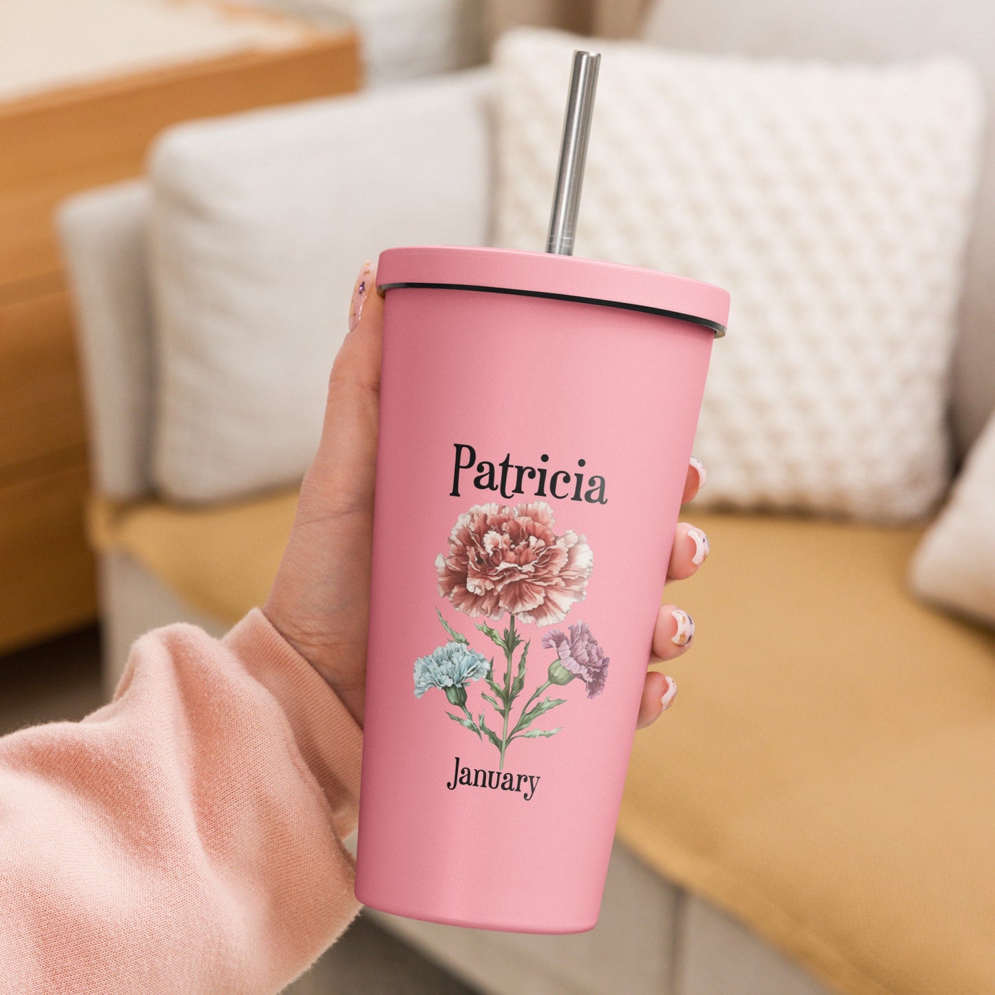 Personalized Name and Birth Month Flower Insulated Tumbler With Straw