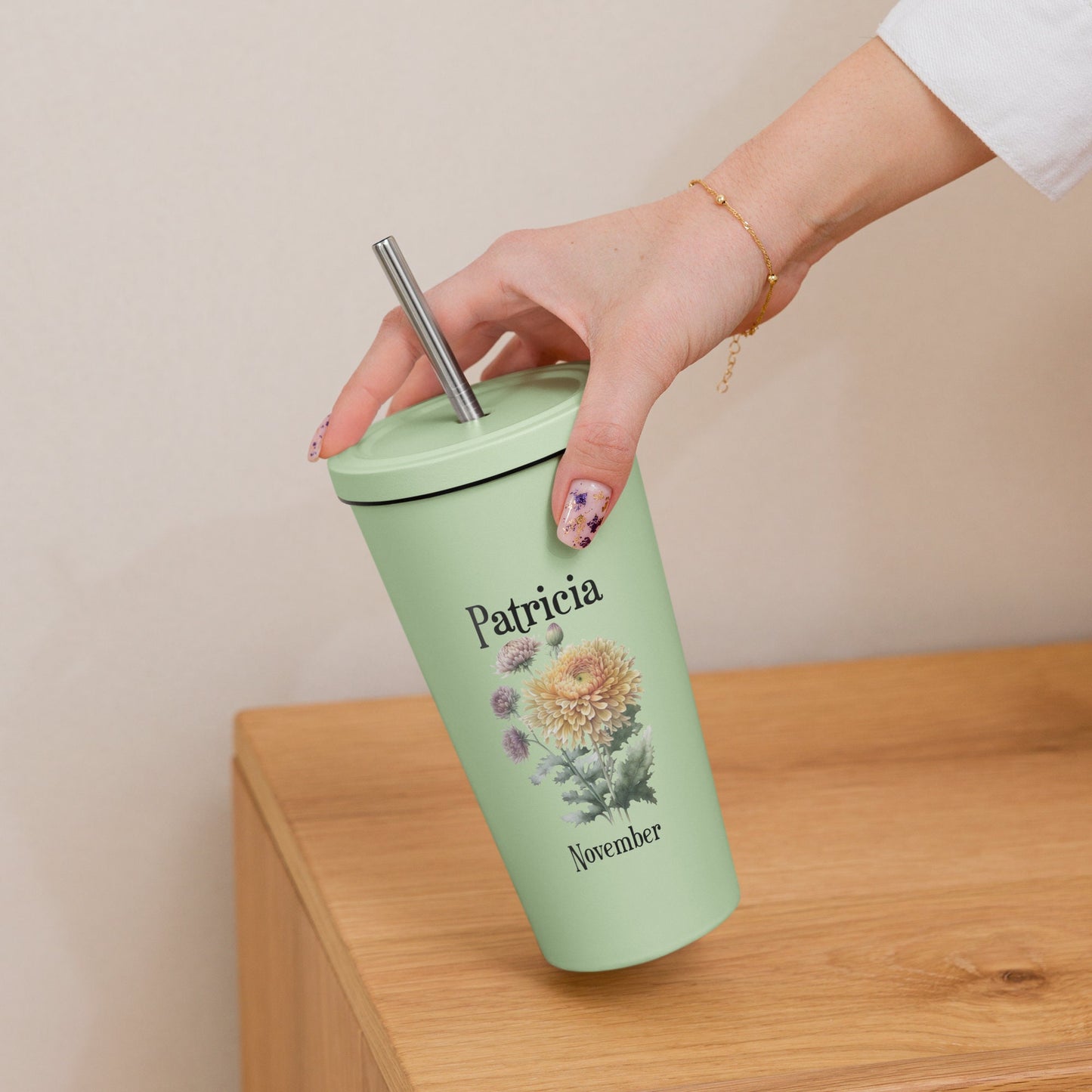 Personalized Name and Birth Month Flower Insulated Tumbler With Straw