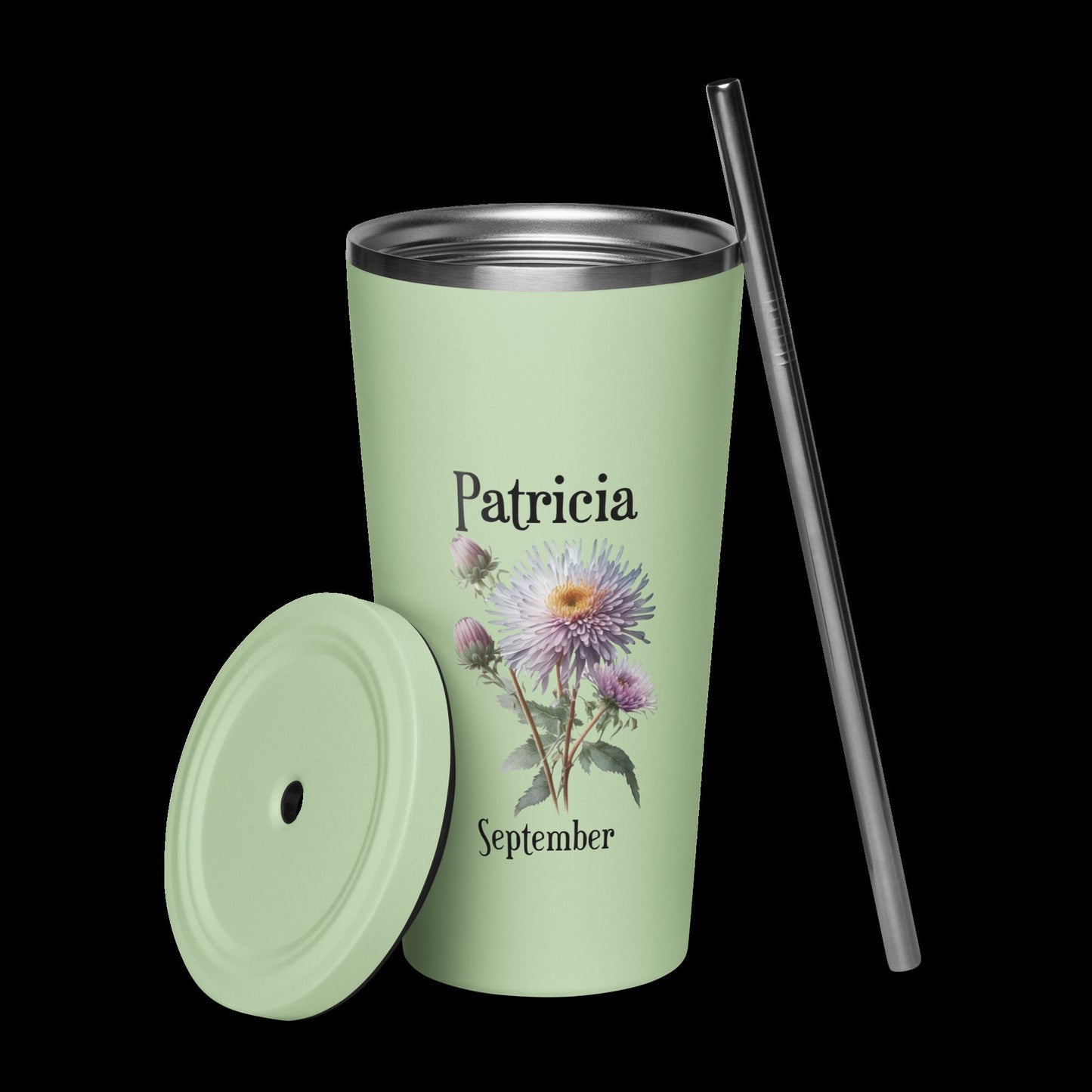 Personalized Name and Birth Month Flower Insulated Tumbler With Straw