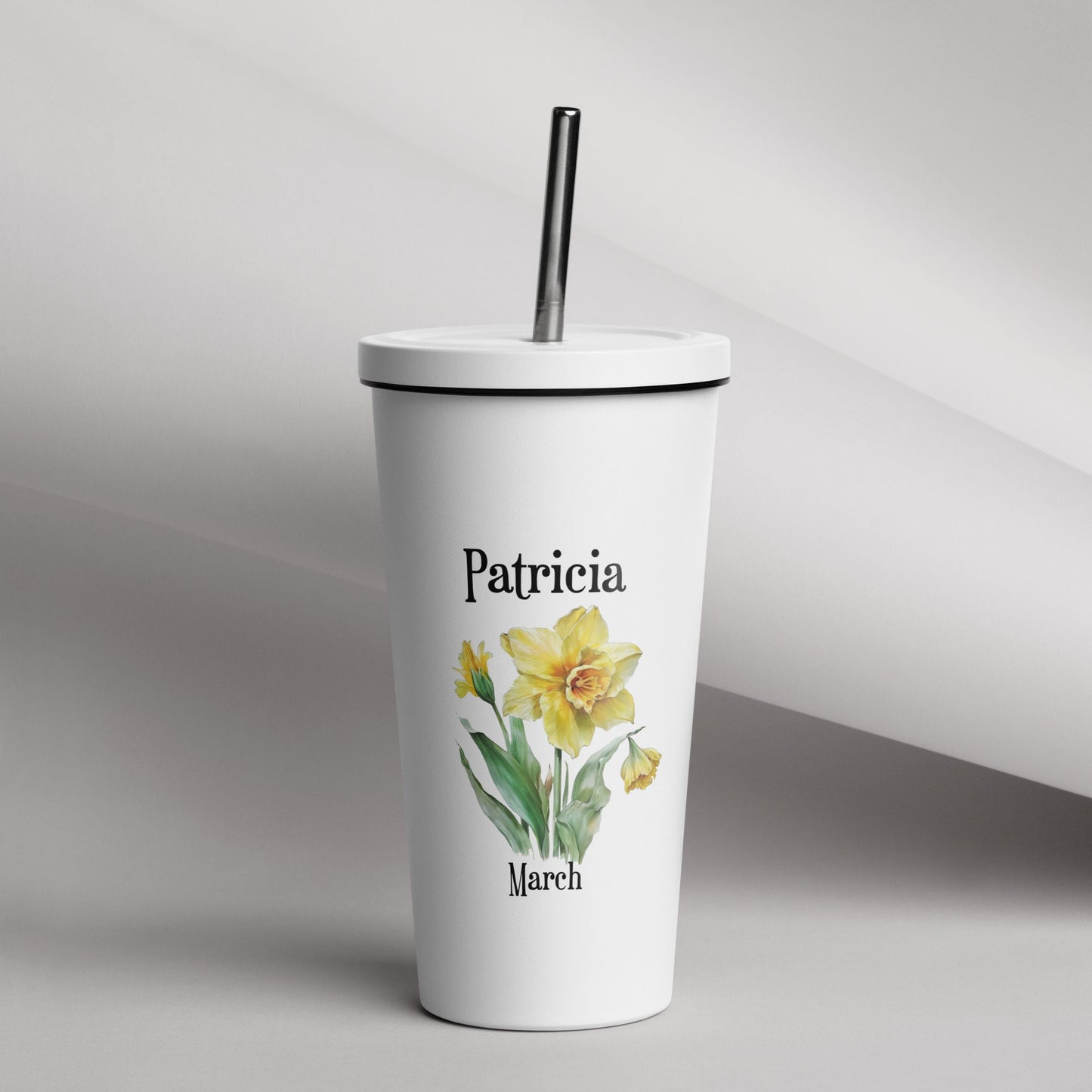 Personalized Name and Birth Month Flower Insulated Tumbler With Straw