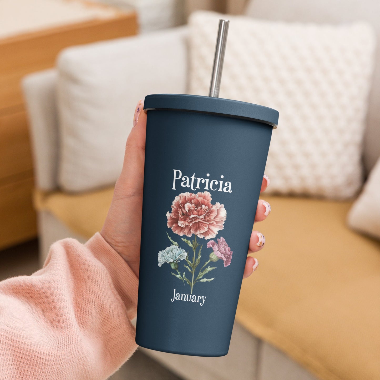 Personalized Name and Birth Month Flower Insulated Tumbler With Straw