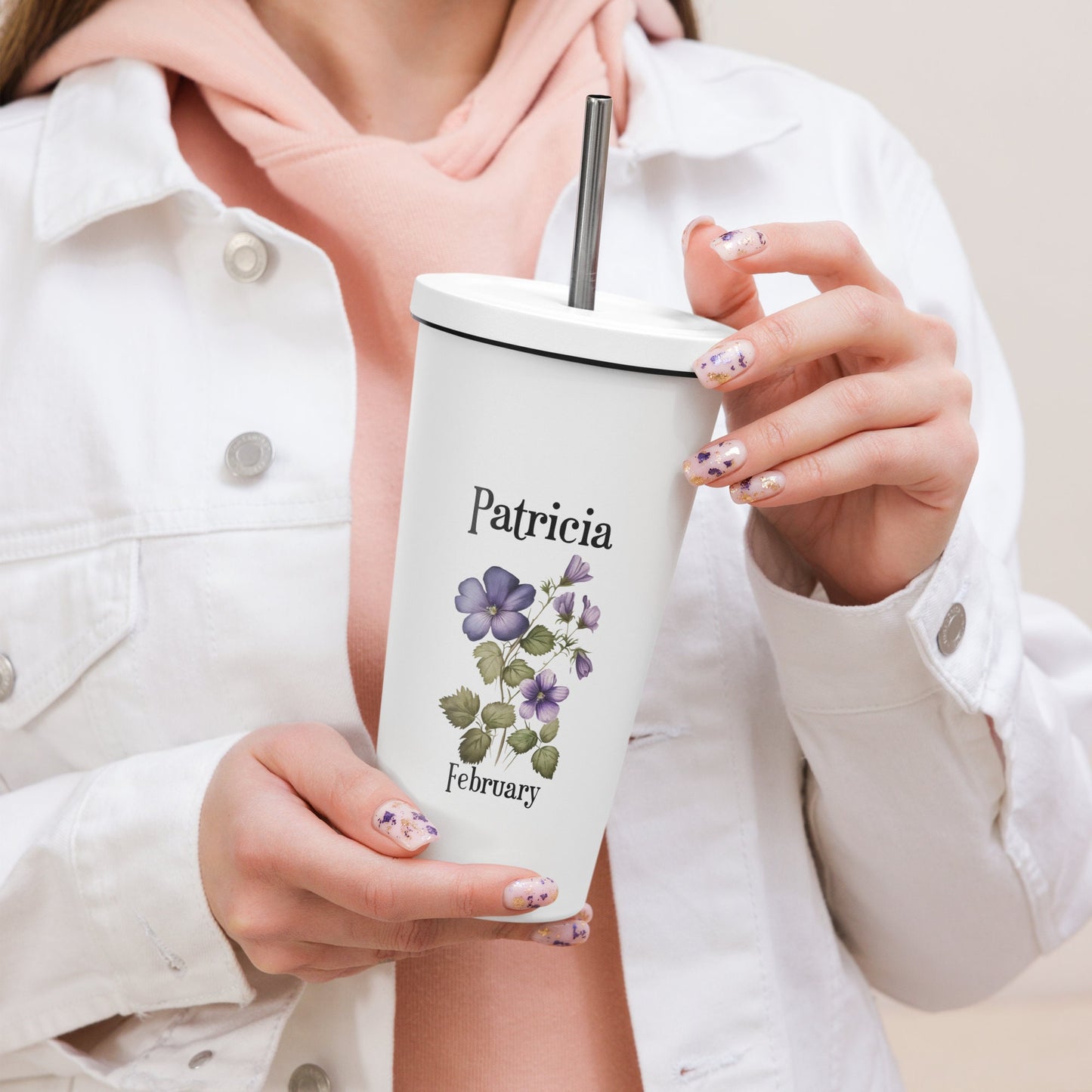 Personalized Name and Birth Month Flower Insulated Tumbler With Straw