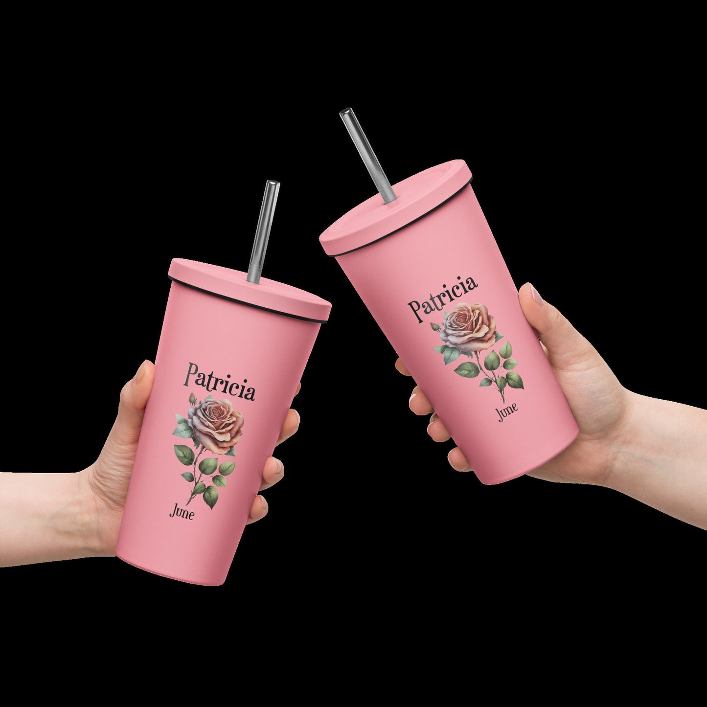 Personalized Name and Birth Month Flower Insulated Tumbler With Straw