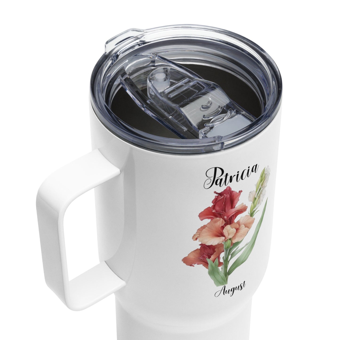 Personalized Name and Birth Month Flower Travel mug with a handle
