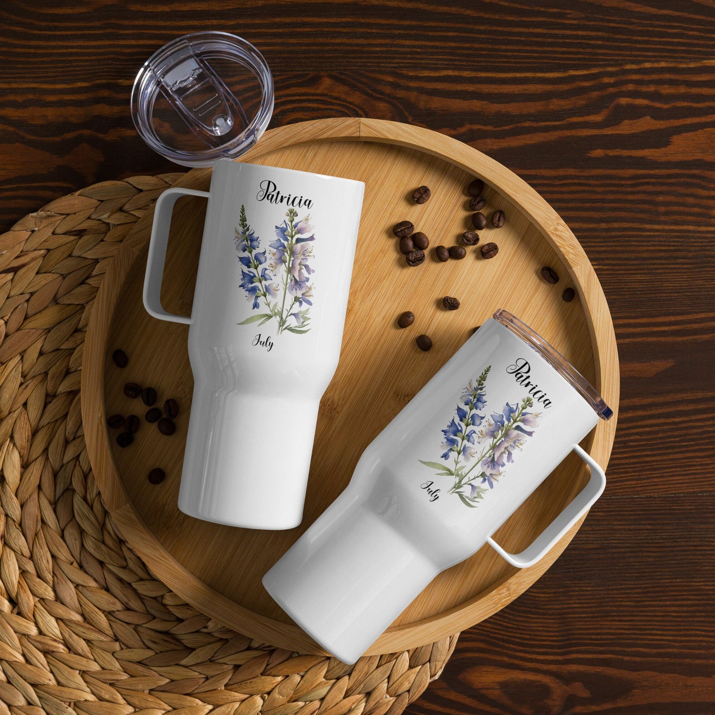Personalized Name and Birth Month Flower Travel mug with a handle