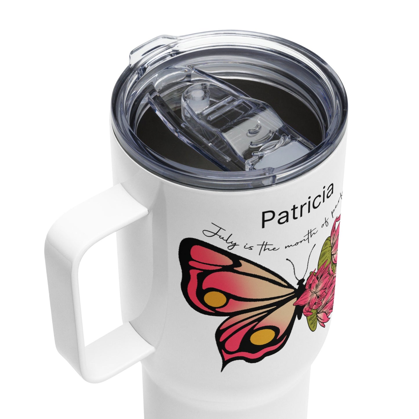 Personalized Name and Birth Month Flowering Butterfly Travel Mug with Handle