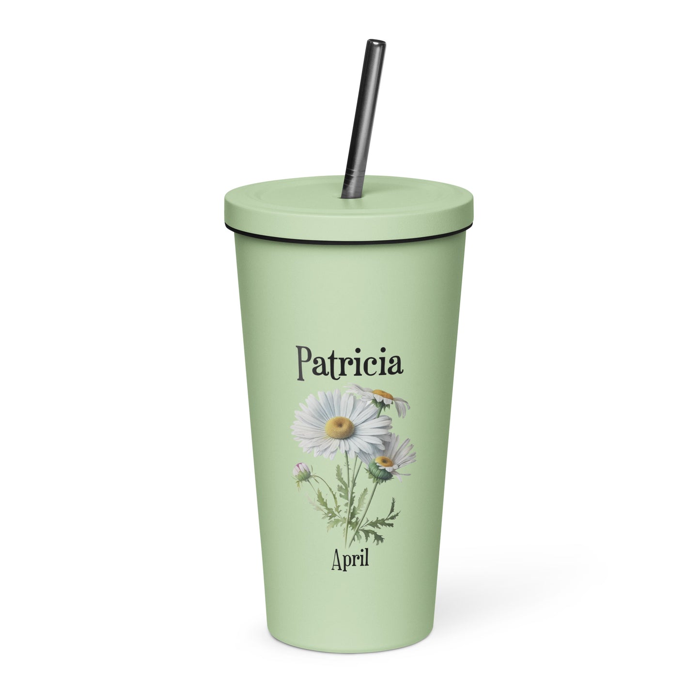 Personalized Name and Birth Month Flower Insulated Tumbler With Straw