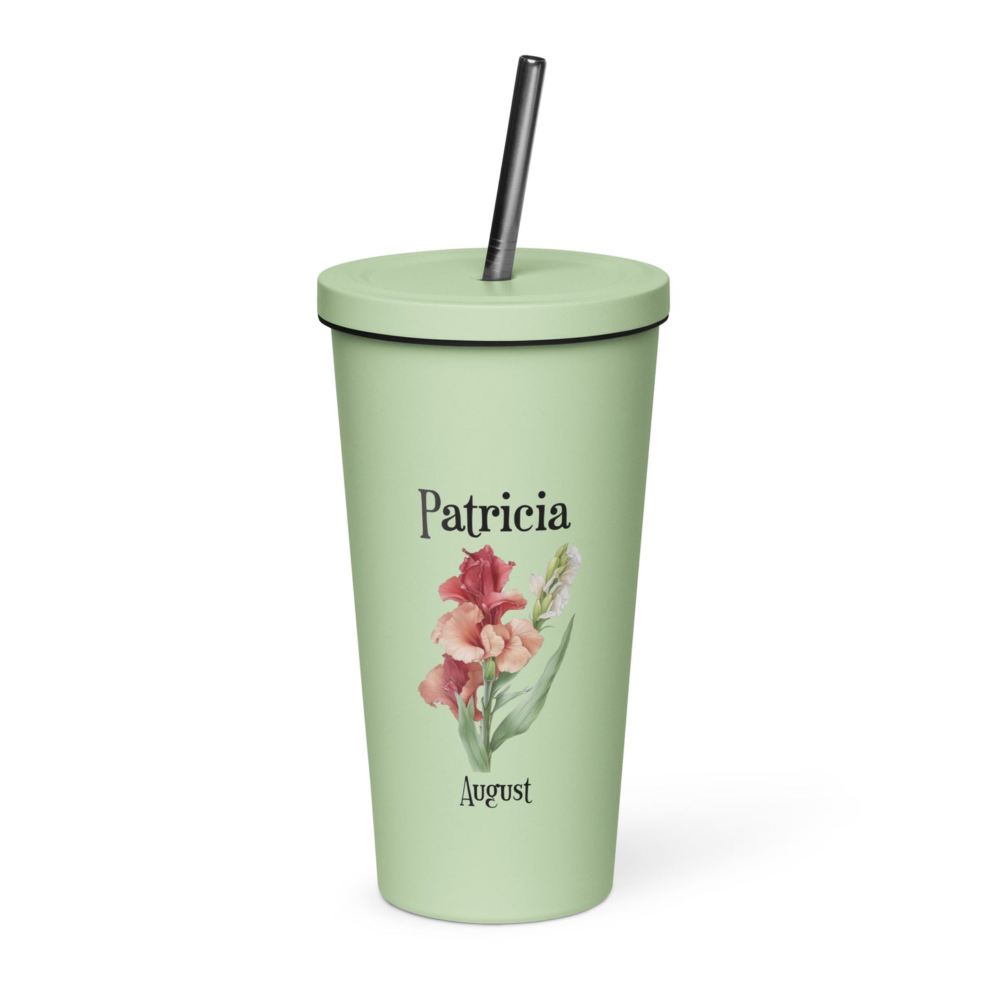 Personalized Name and Birth Month Flower Insulated Tumbler With Straw