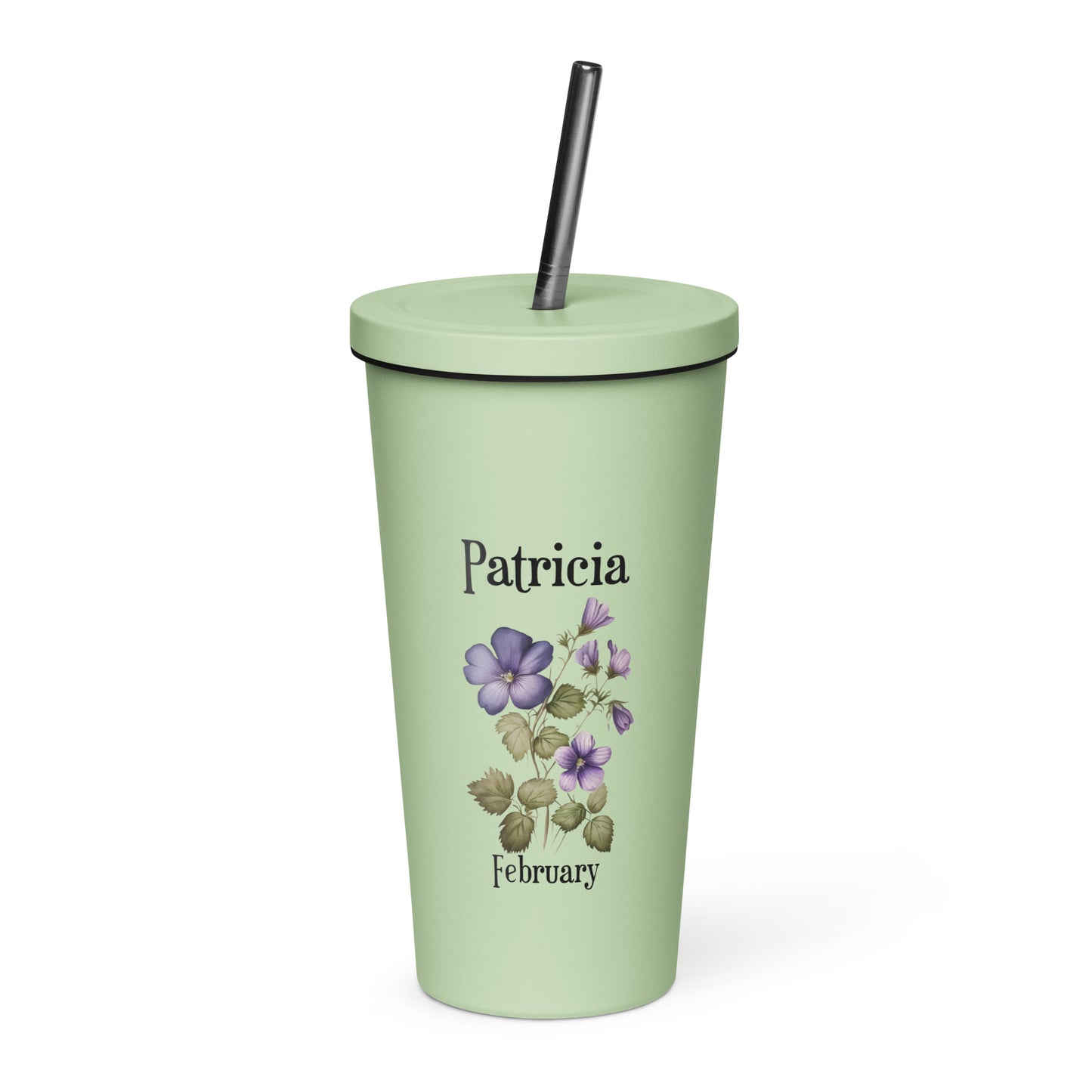 Personalized Name and Birth Month Flower Insulated Tumbler With Straw