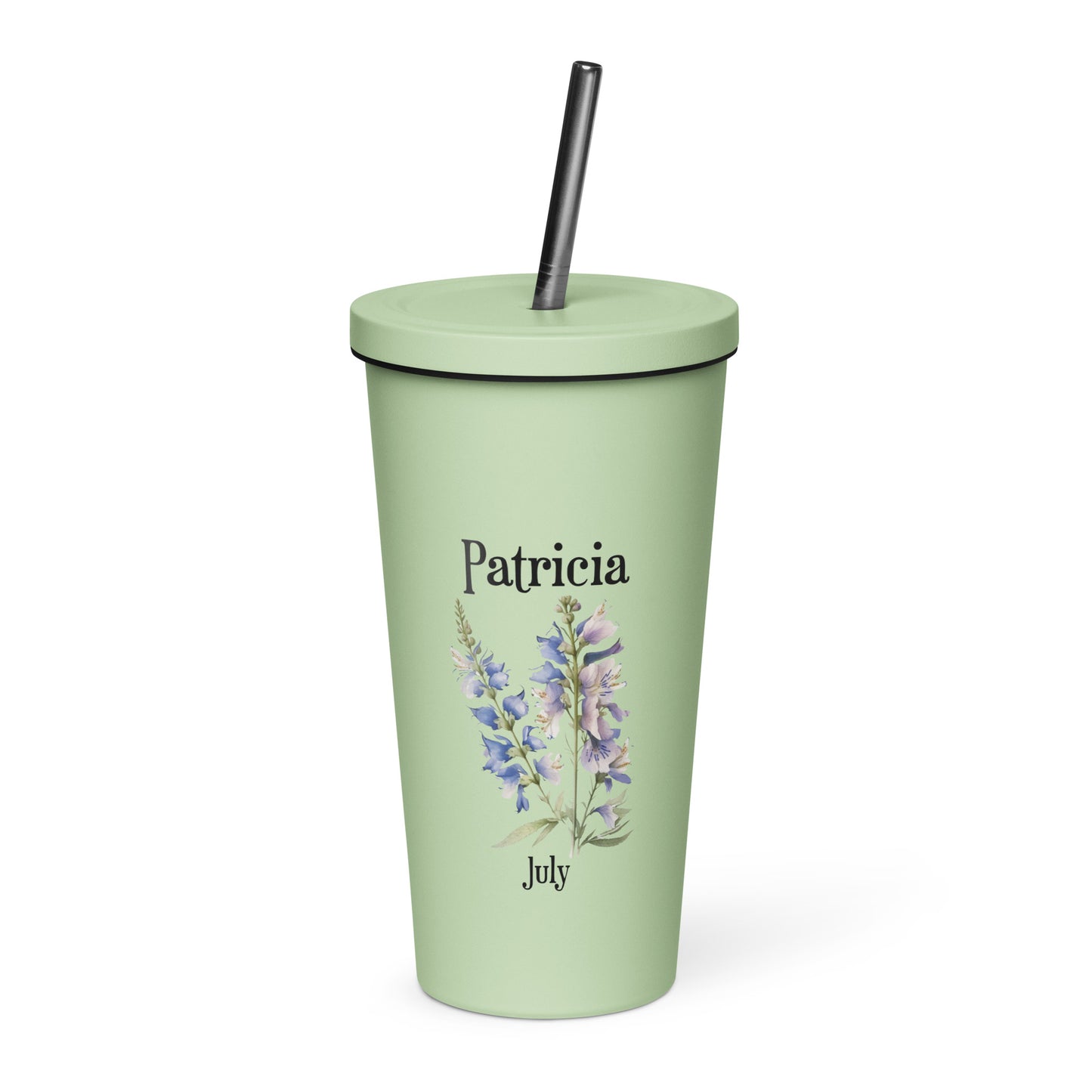 Personalized Name and Birth Month Flower Insulated Tumbler With Straw