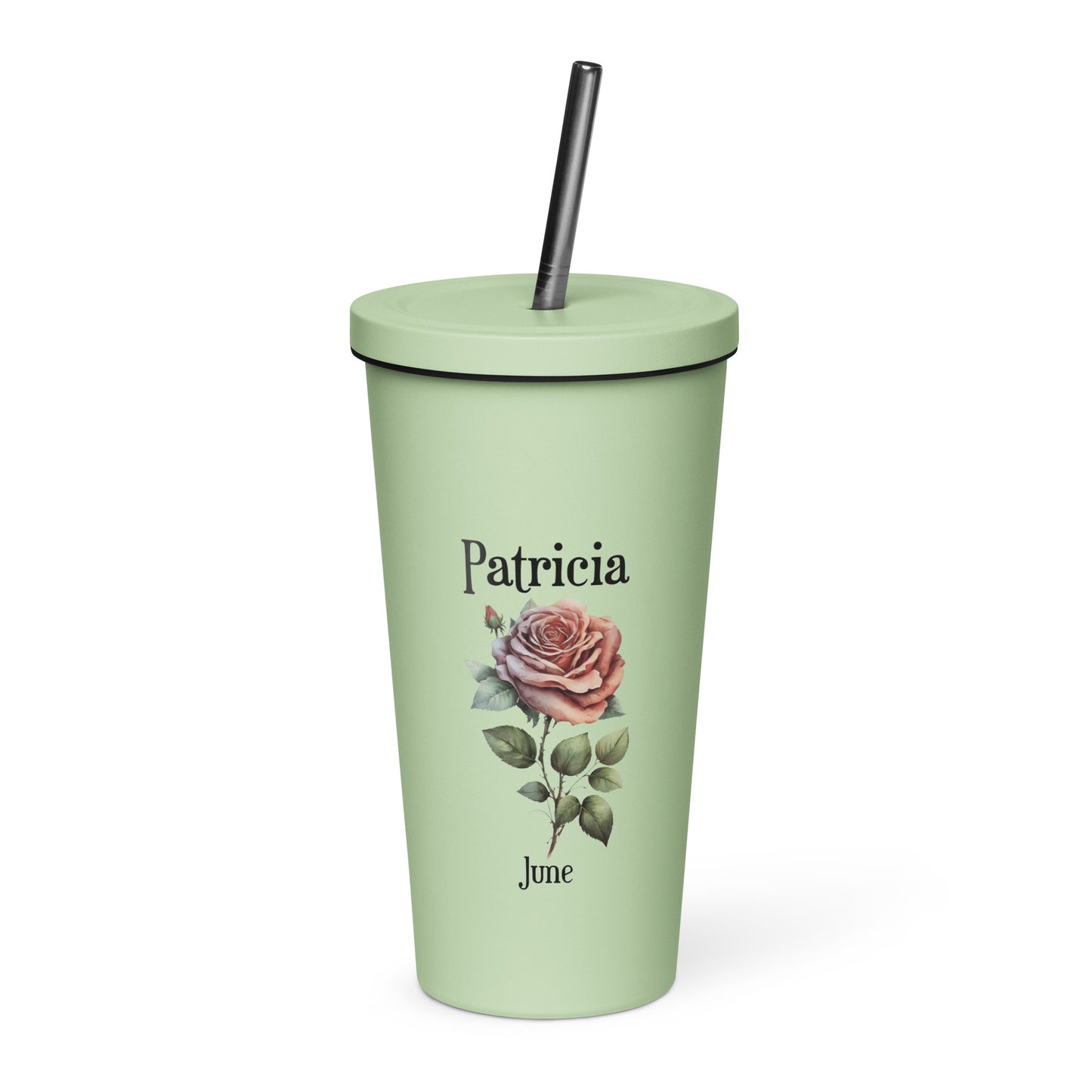 Personalized Name and Birth Month Flower Insulated Tumbler With Straw