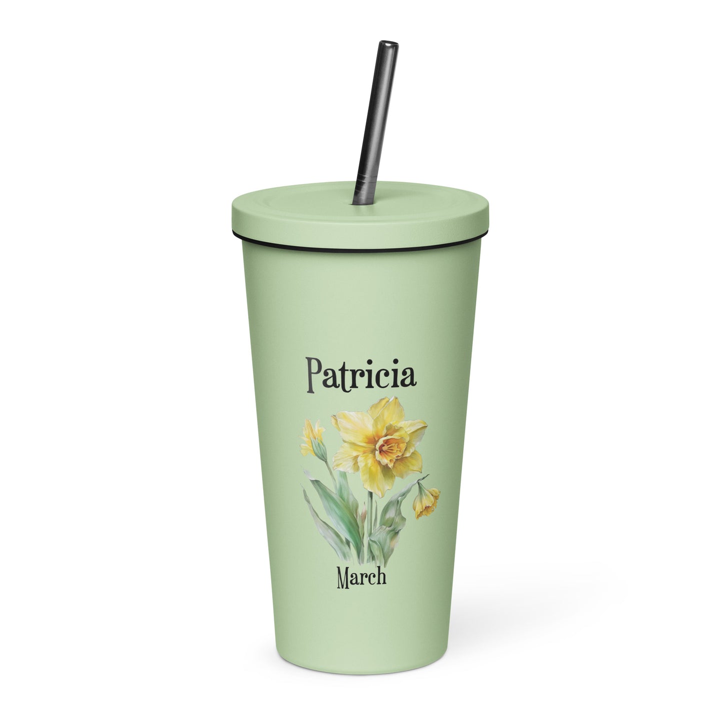 Personalized Name and Birth Month Flower Insulated Tumbler With Straw