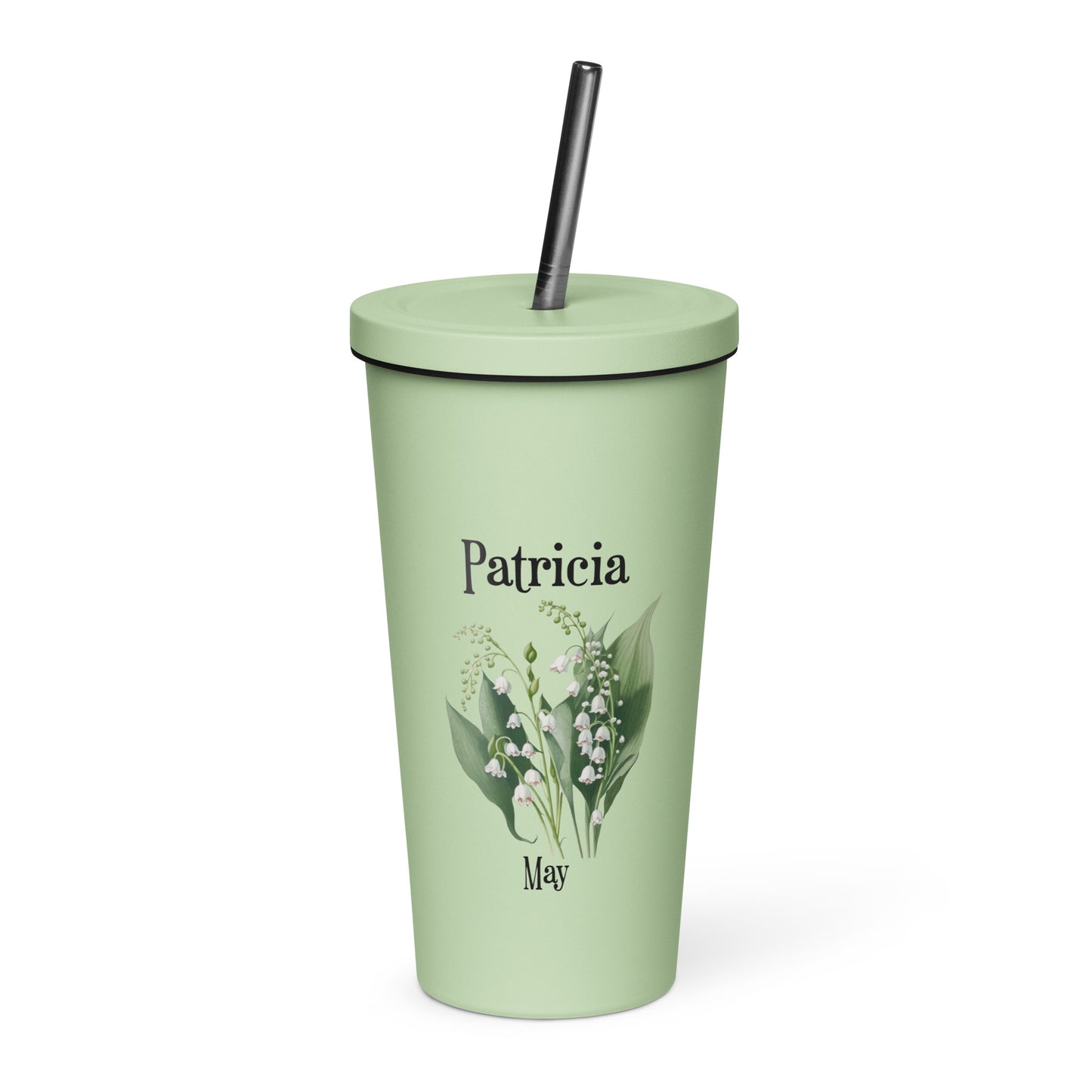 Personalized Name and Birth Month Flower Insulated Tumbler With Straw