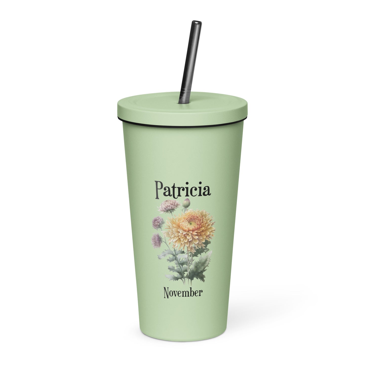 Personalized Name and Birth Month Flower Insulated Tumbler With Straw