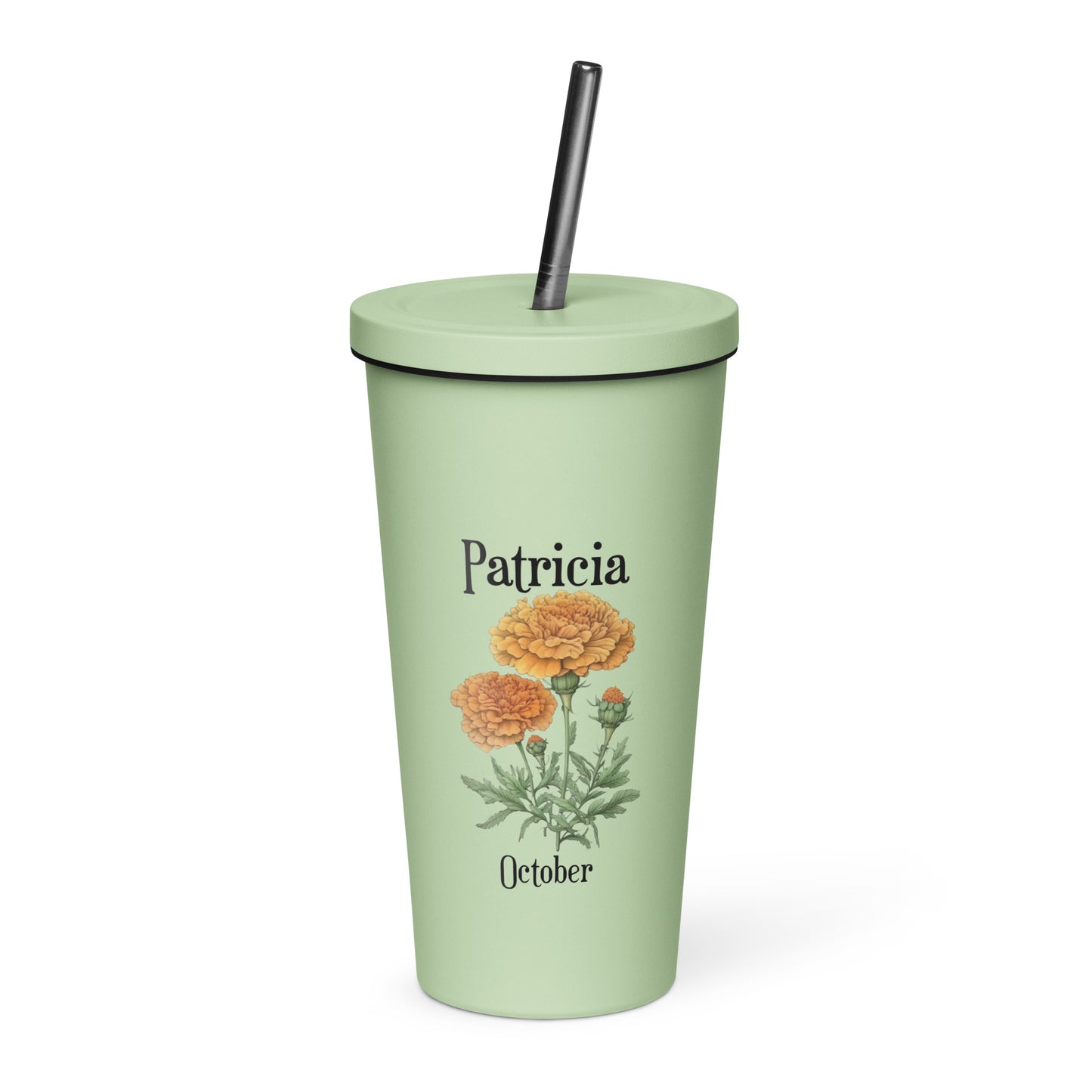 Personalized Name and Birth Month Flower Insulated Tumbler With Straw