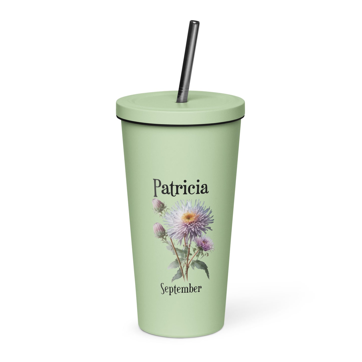 Personalized Name and Birth Month Flower Insulated Tumbler With Straw