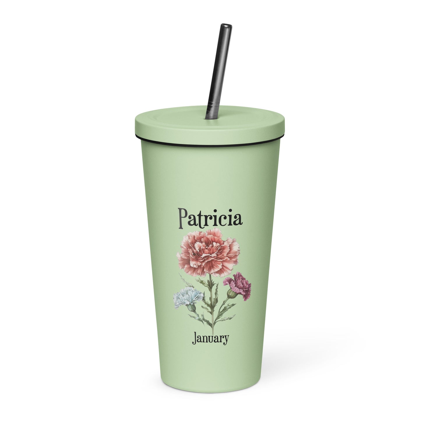 Personalized Name and Birth Month Flower Insulated Tumbler With Straw