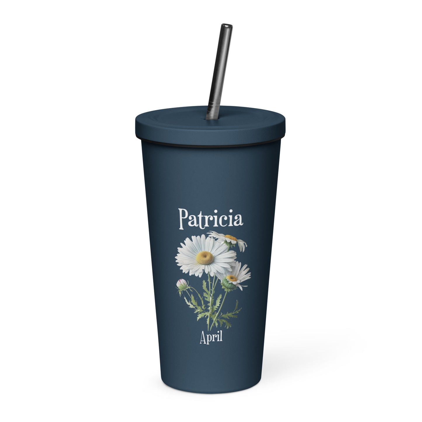 Personalized Name and Birth Month Flower Insulated Tumbler With Straw