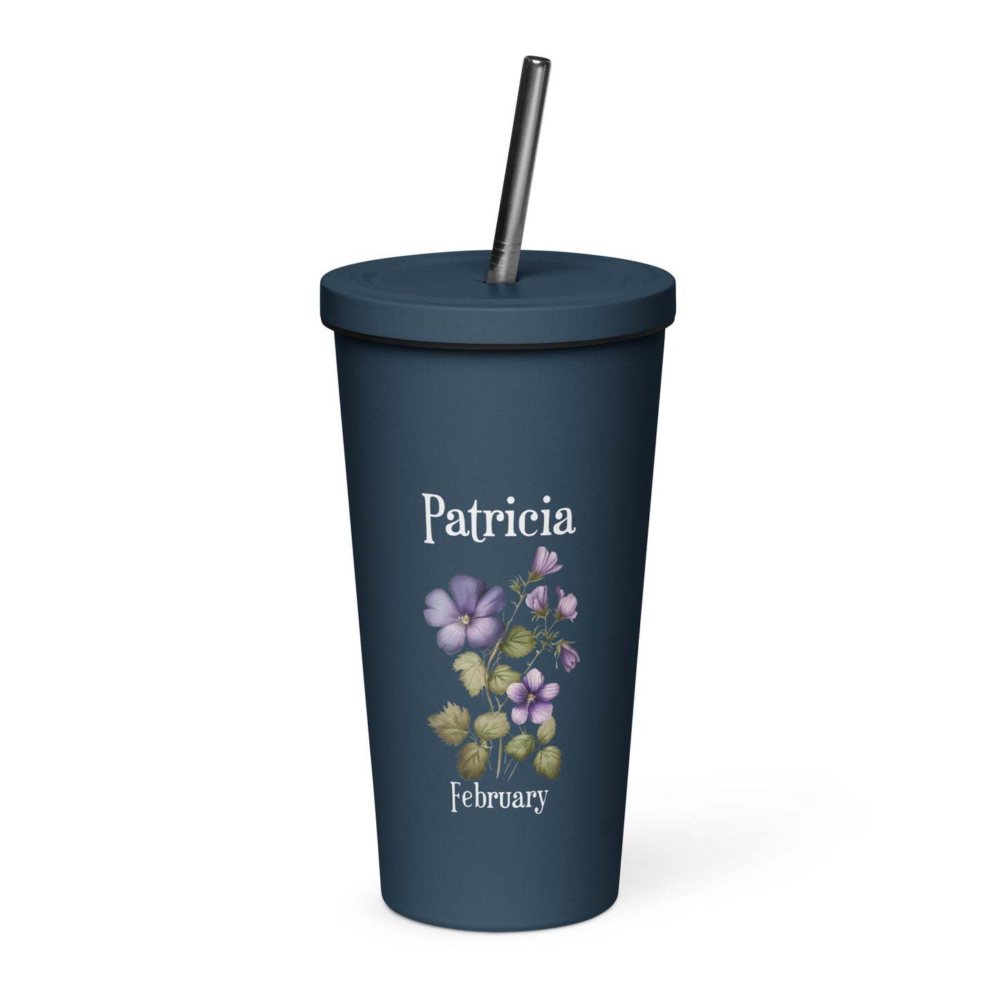 Personalized Name and Birth Month Flower Insulated Tumbler With Straw