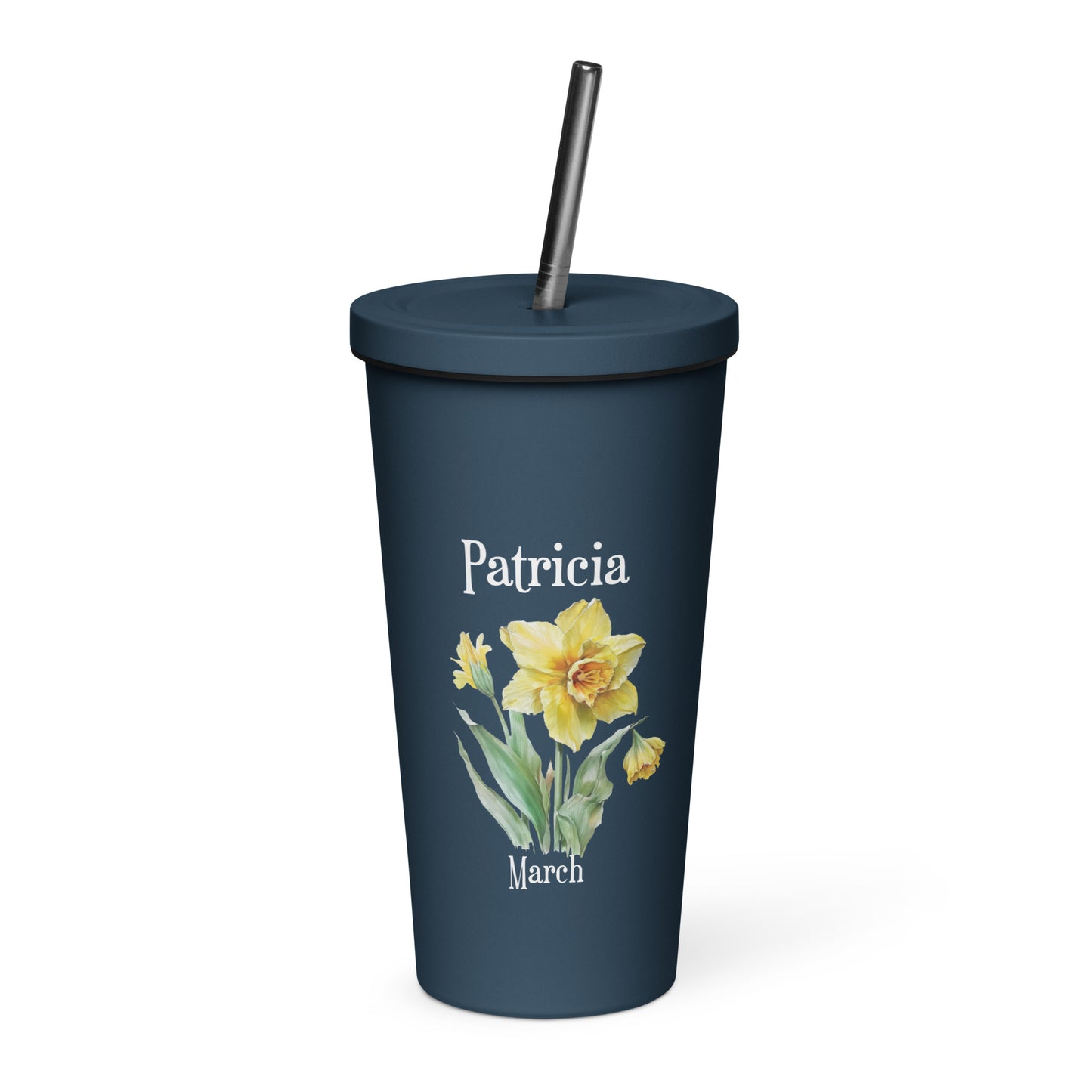 Personalized Name and Birth Month Flower Insulated Tumbler With Straw