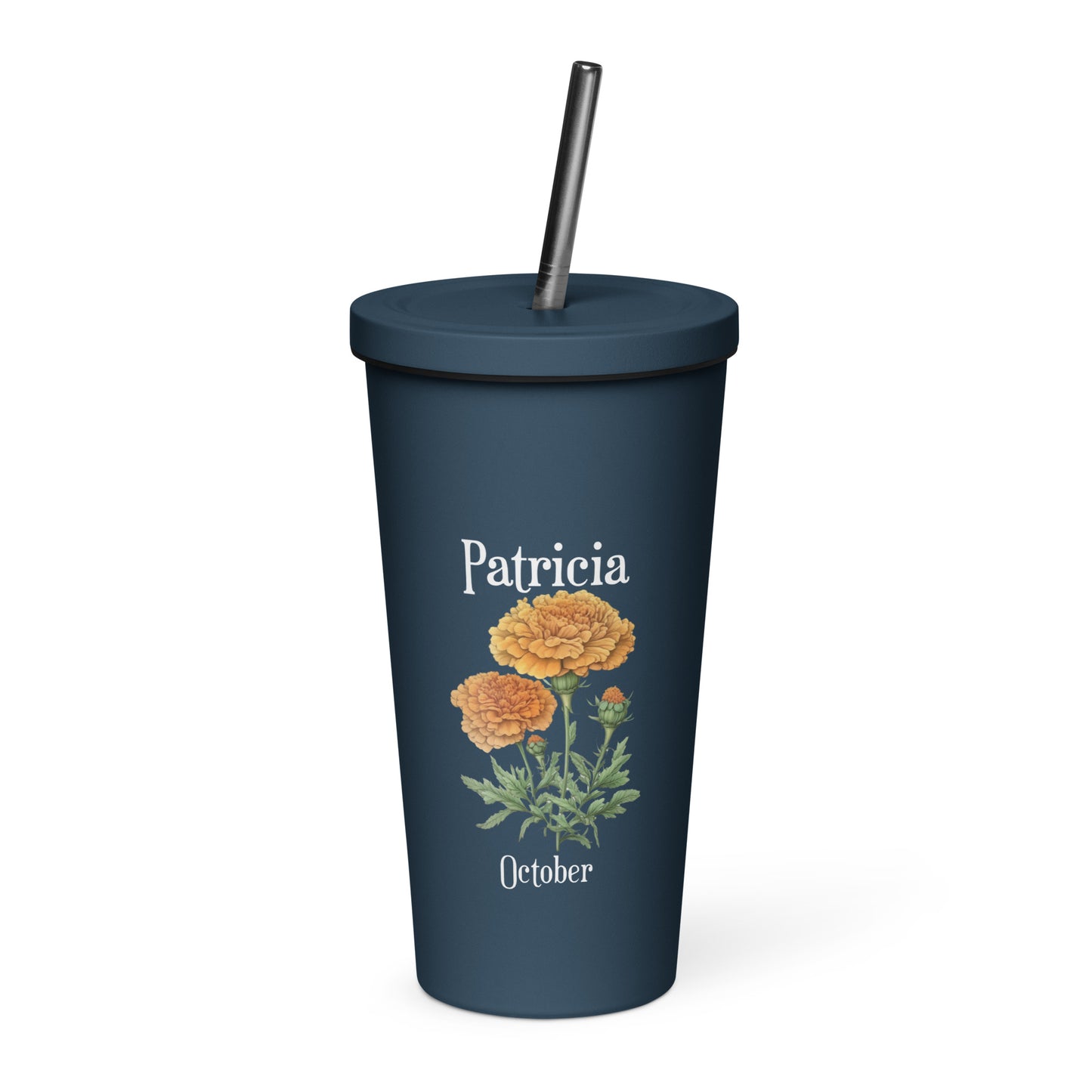 Personalized Name and Birth Month Flower Insulated Tumbler With Straw