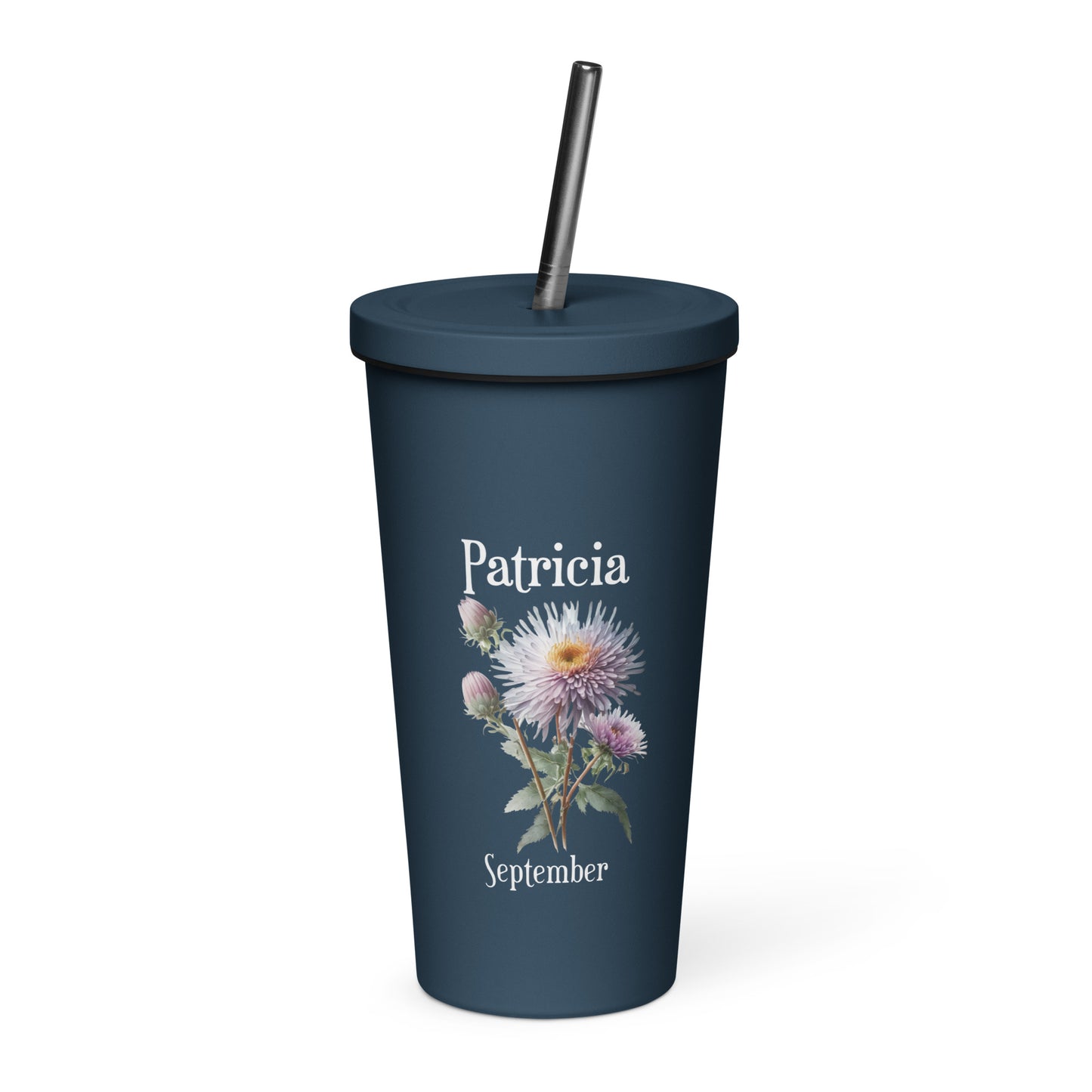 Personalized Name and Birth Month Flower Insulated Tumbler With Straw