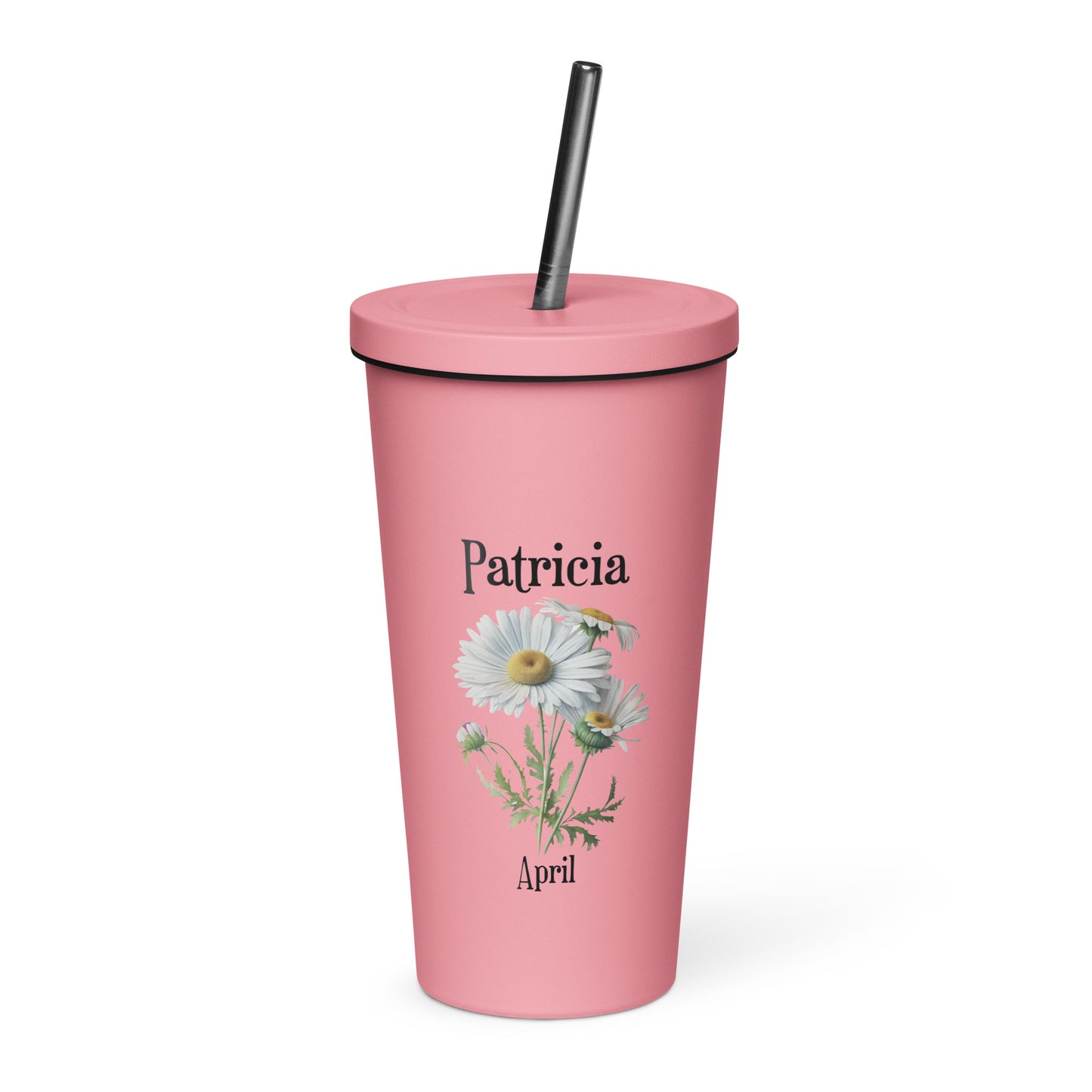Personalized Name and Birth Month Flower Insulated Tumbler With Straw