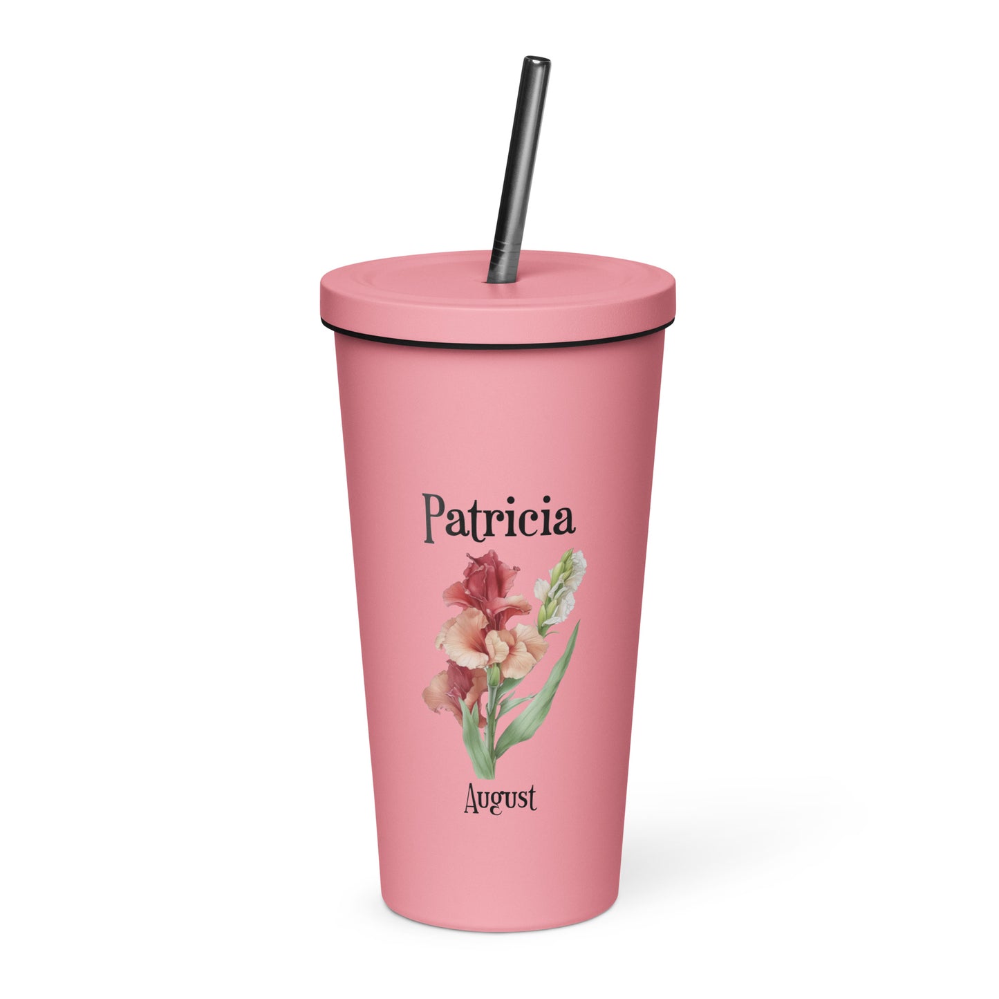 Personalized Name and Birth Month Flower Insulated Tumbler With Straw