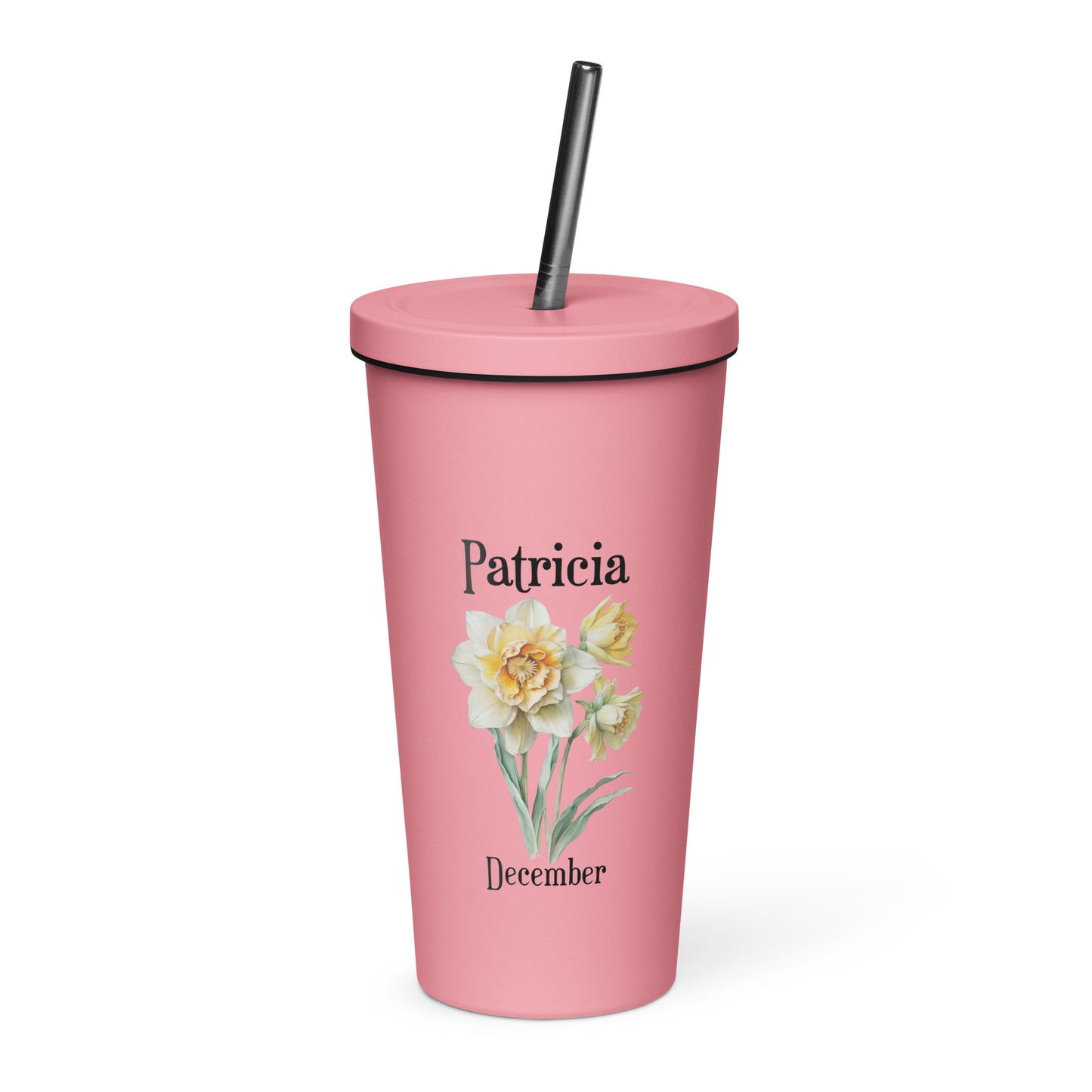 Personalized Name and Birth Month Flower Insulated Tumbler With Straw