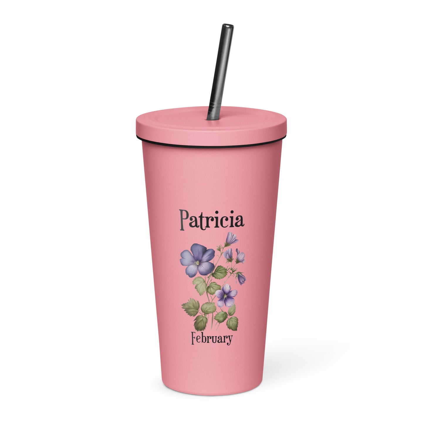 Personalized Name and Birth Month Flower Insulated Tumbler With Straw