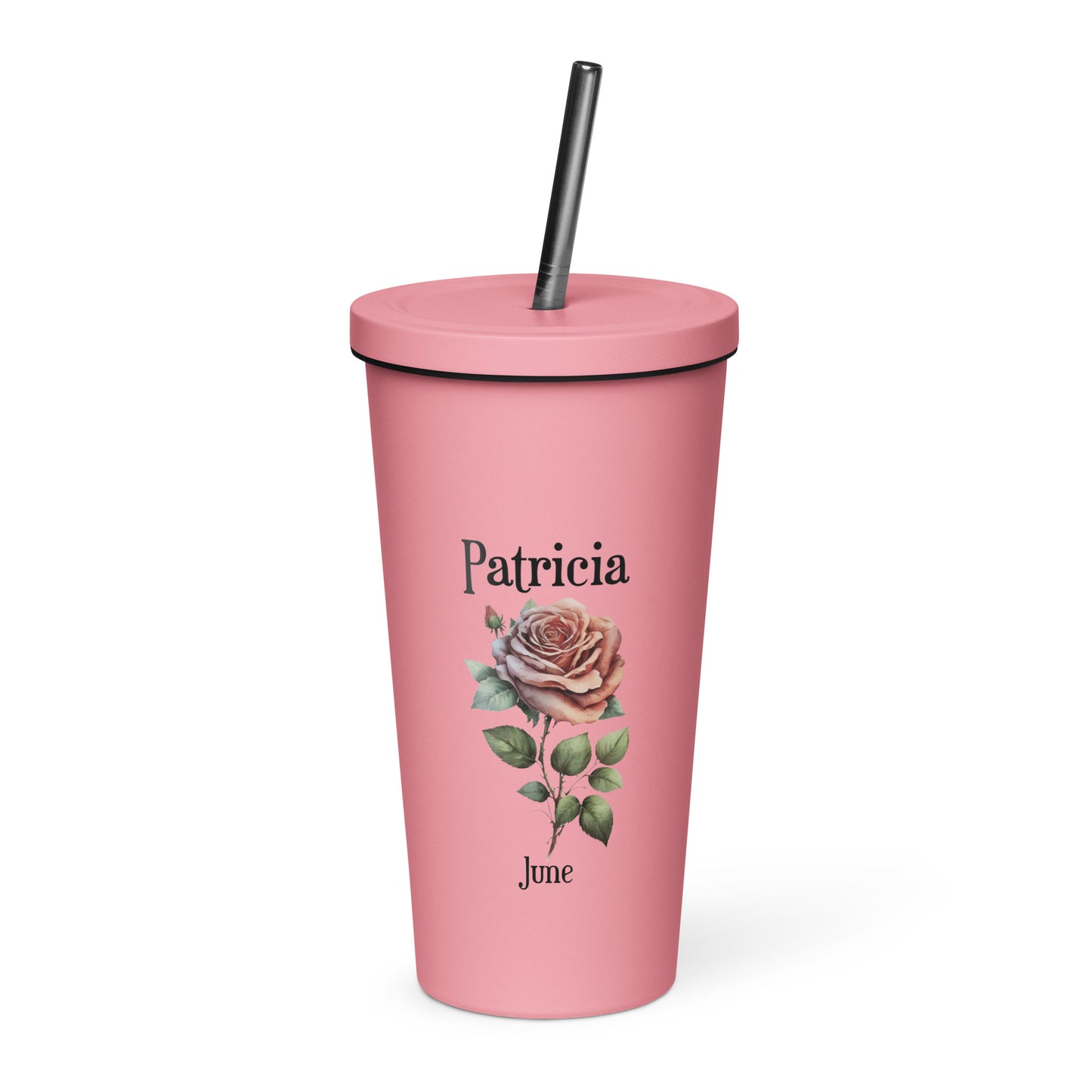 Personalized Name and Birth Month Flower Insulated Tumbler With Straw