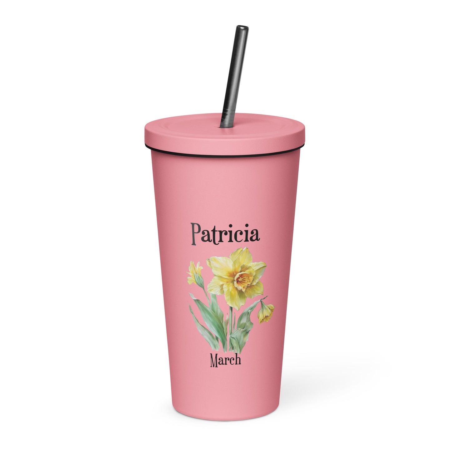Personalized Name and Birth Month Flower Insulated Tumbler With Straw
