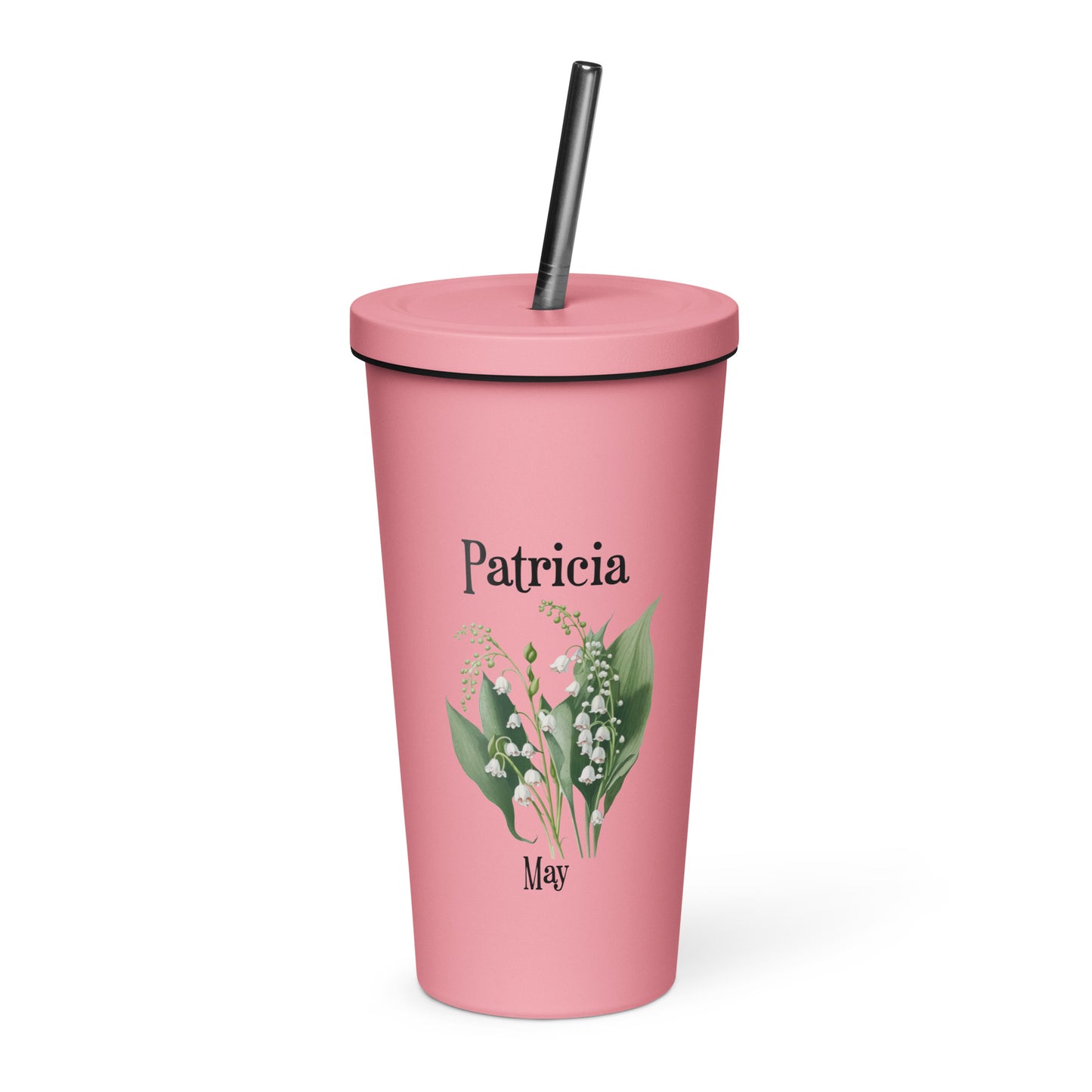 Personalized Name and Birth Month Flower Insulated Tumbler With Straw